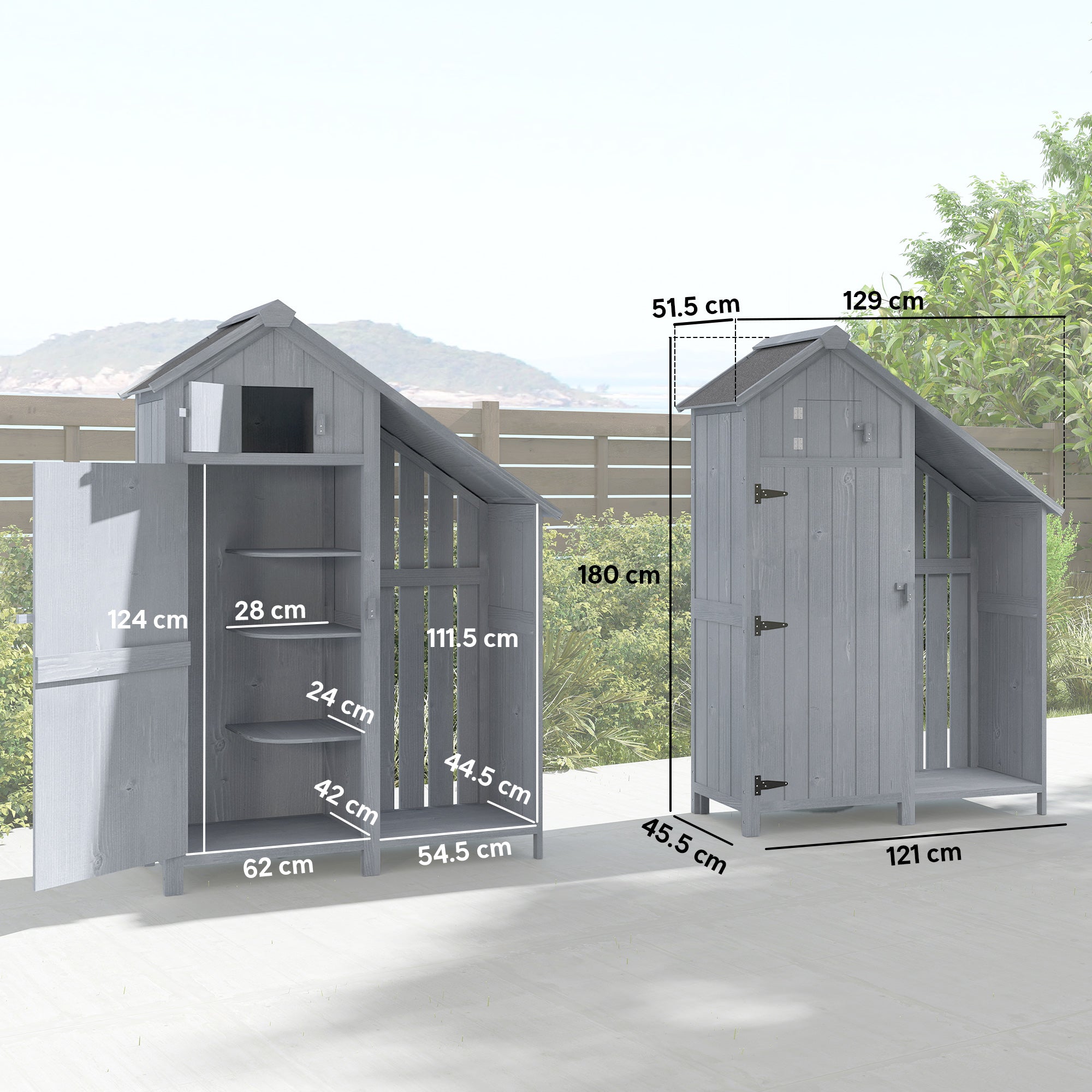 Garden Outdoor Storage Shed 3 Shelves Tilt Roof w/ Firewood Rack Log Carrier, 129L x 51.5W x 180H cm