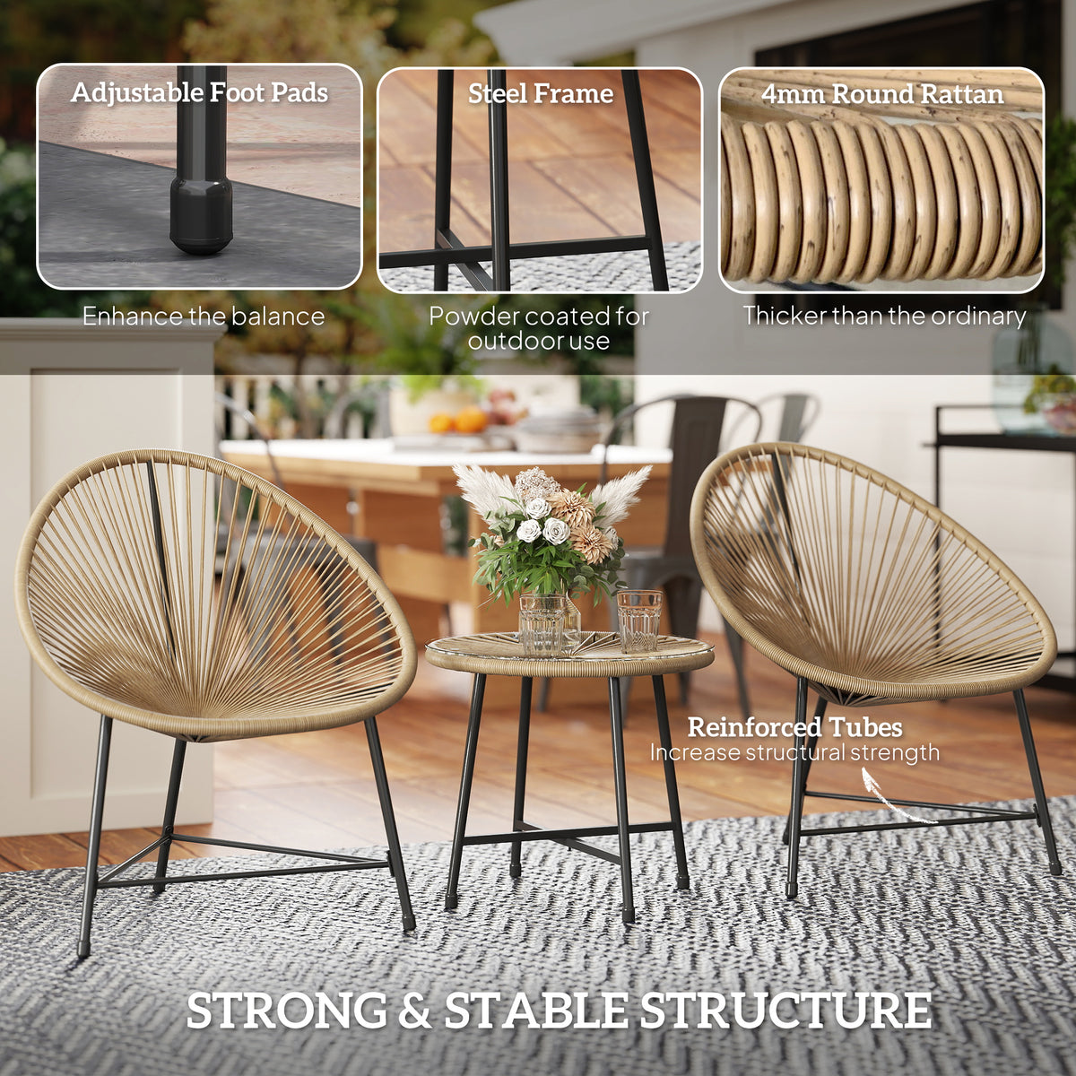 3 Pieces Rattan Bistro Set with Acapulco Chairs and Glass Top Table for Outdoor Patio Balcony - Natural