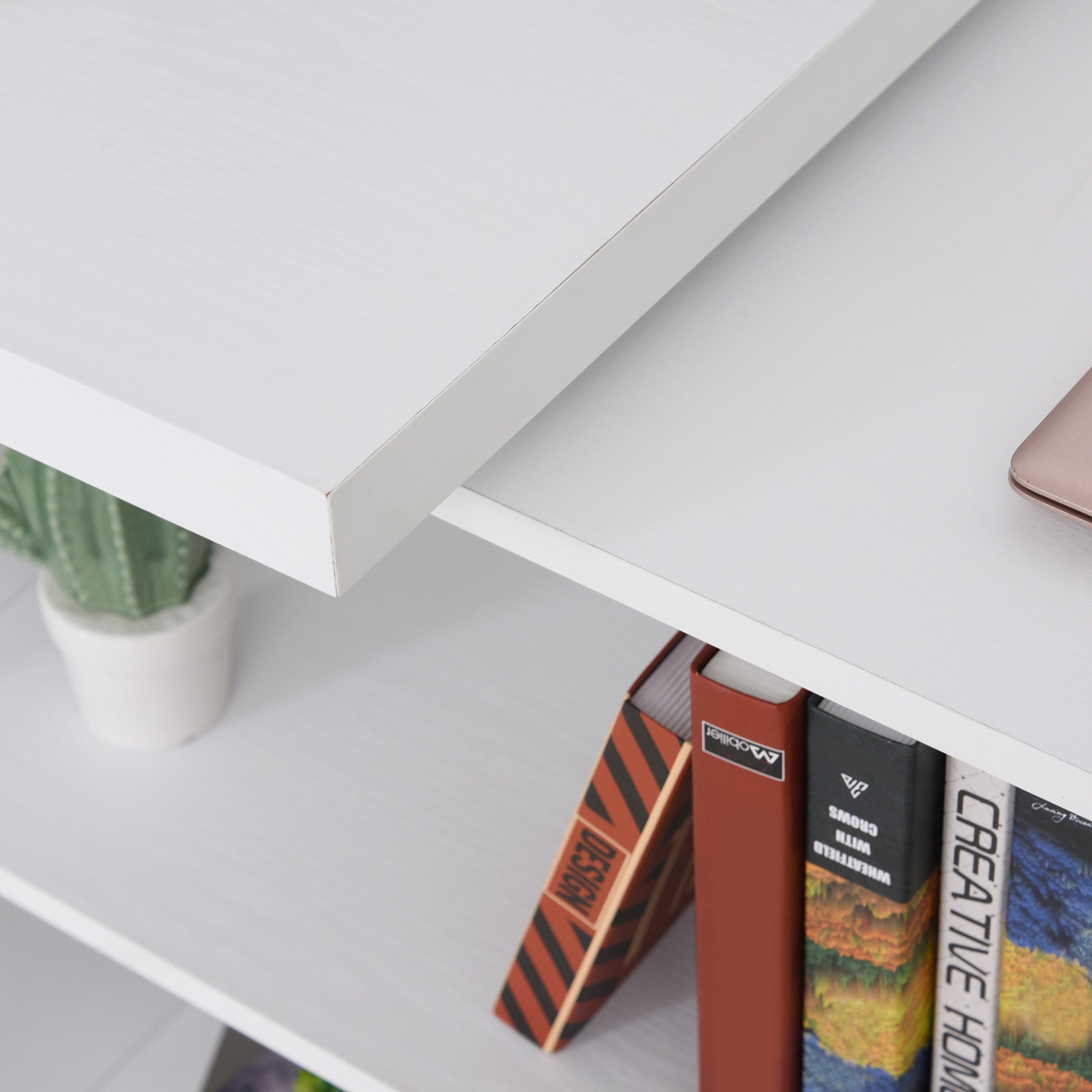 Corner Desk L-Shaped Straight Computer Desk with Rotating Storage Shelf, White Wood Grain