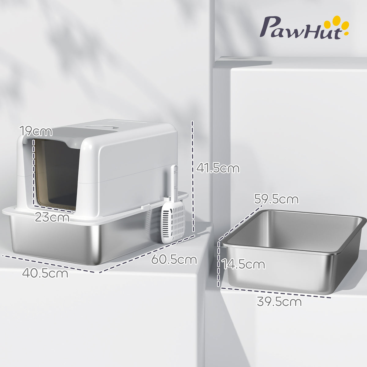 Stainless Steel Cat Litter Box for Larger Cats with Removable Lid, Scoop & Filter Bags - White