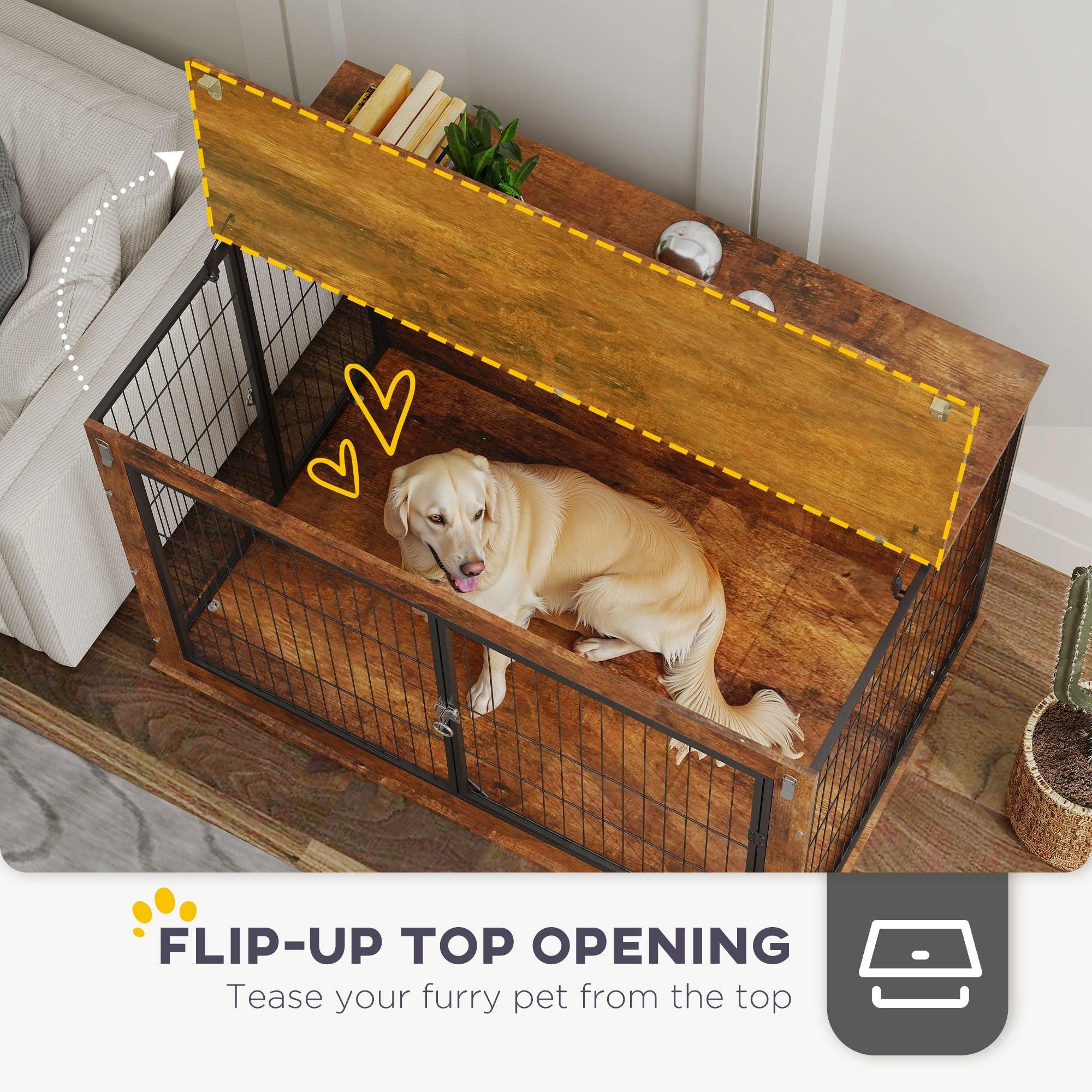 Dog Crate Furniture with Flip-up Top, 2 Doors, for Extra Large Dogs, 118 x 75 x 77cm, Rustic Brown