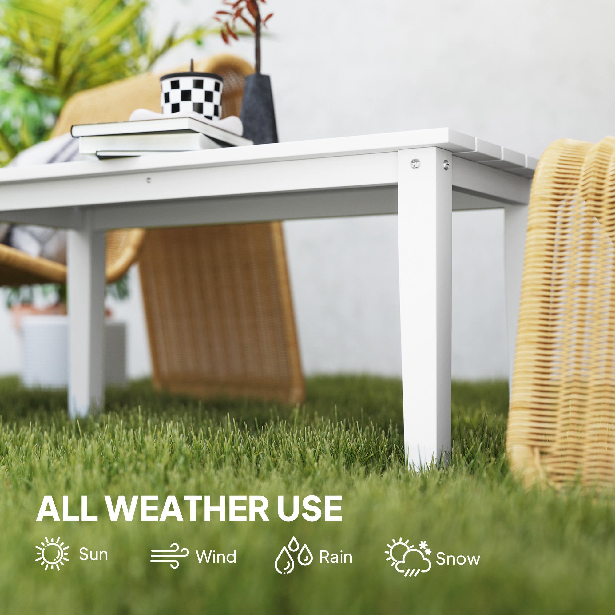 Outdoor Garden Coffee Table, HDPE All-Weather Garden Table, Rectangular Outdoor Table with Slatted Tabletop for Patio, Balcony, 91 x 44 x 42 cm, White
