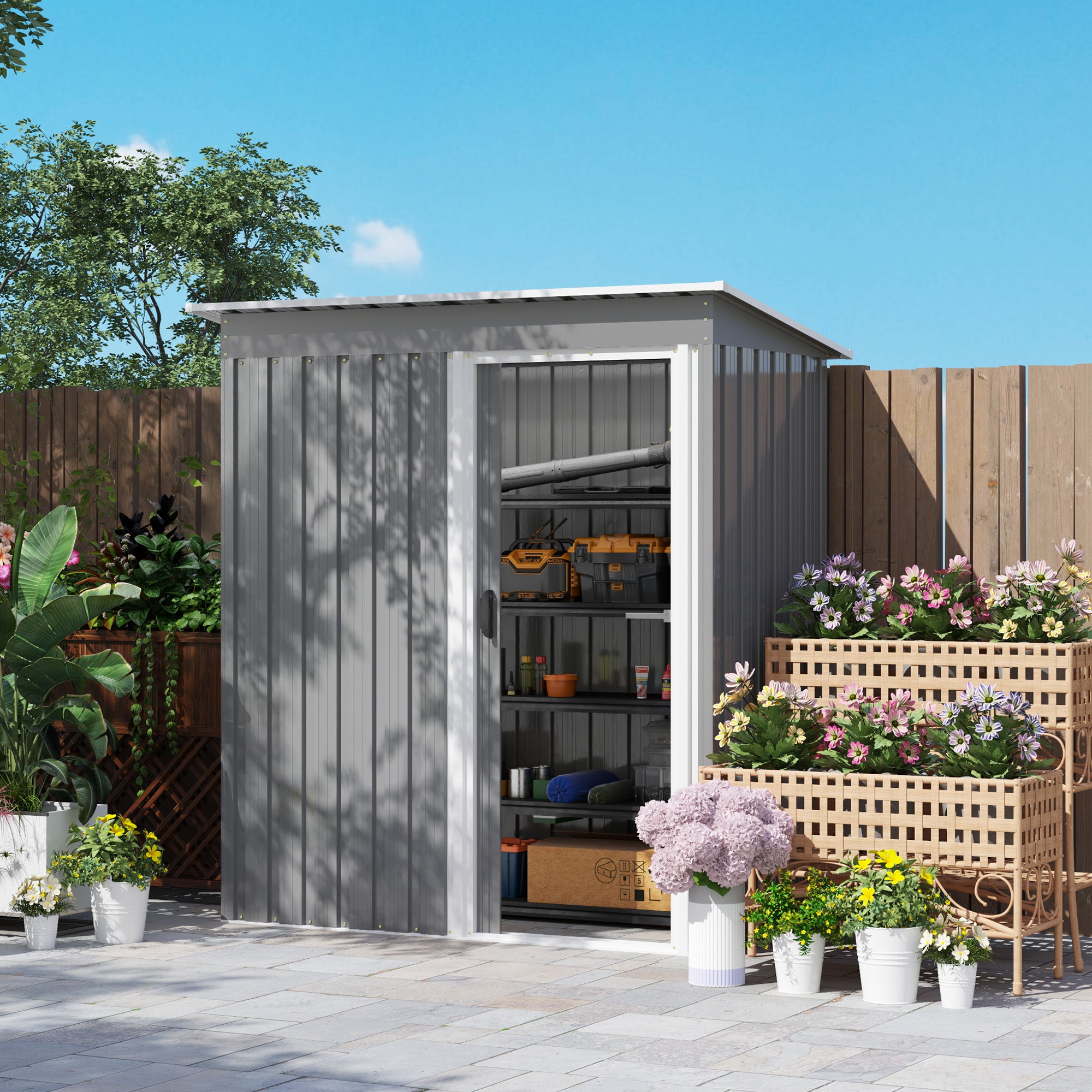 5 x 3ft Garden Storage Shed with Sliding Door and Sloped Roof Outdoor Equipment Tool, Light Grey
