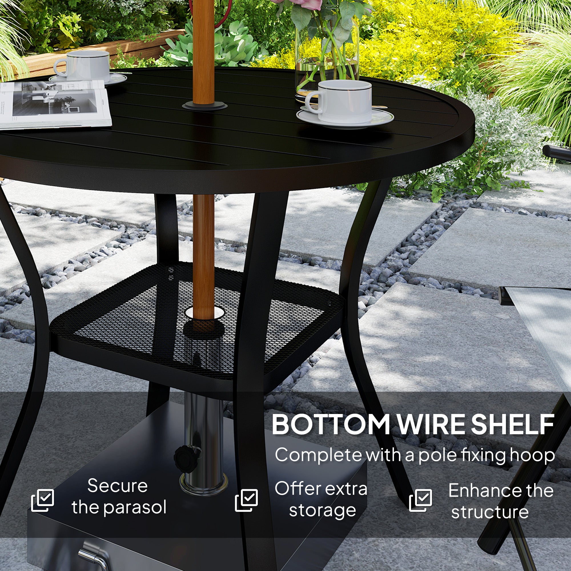 90cm Round Steel Garden Dining Table with Parasol Hole and Wire Shelf - Black