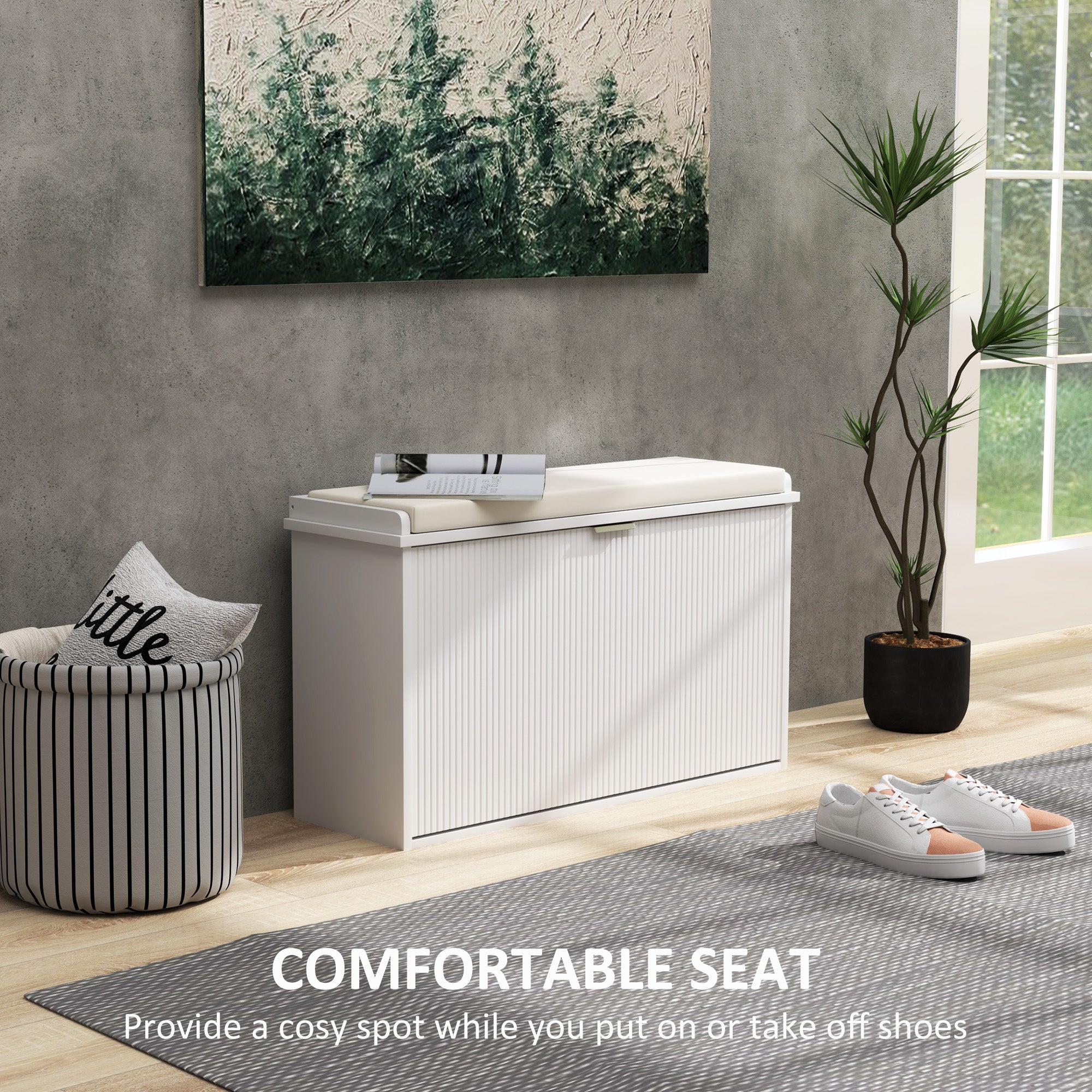 Elegant Eight Shoe Bench with Padded Seat and Flip Drawer Storage - White