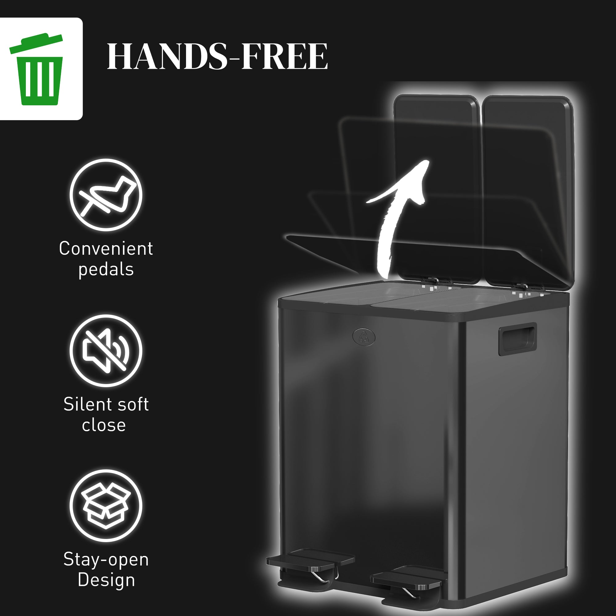 40L Dual Compartment Stainless Steel Bin, with Deodoriser Holders - Black
