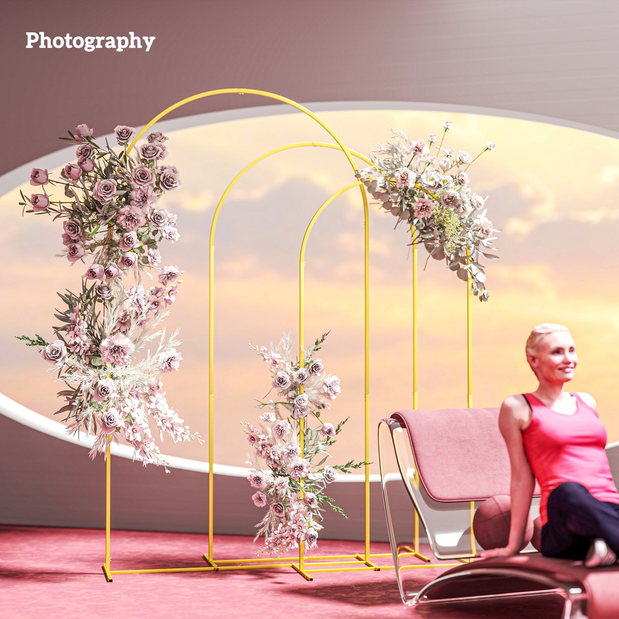 Wedding Arch Frame Set 2.2m, 2m, 1.8m Metal Balloon Arch Stand for Party, Bridal Shower, Graduation - Gold Tone