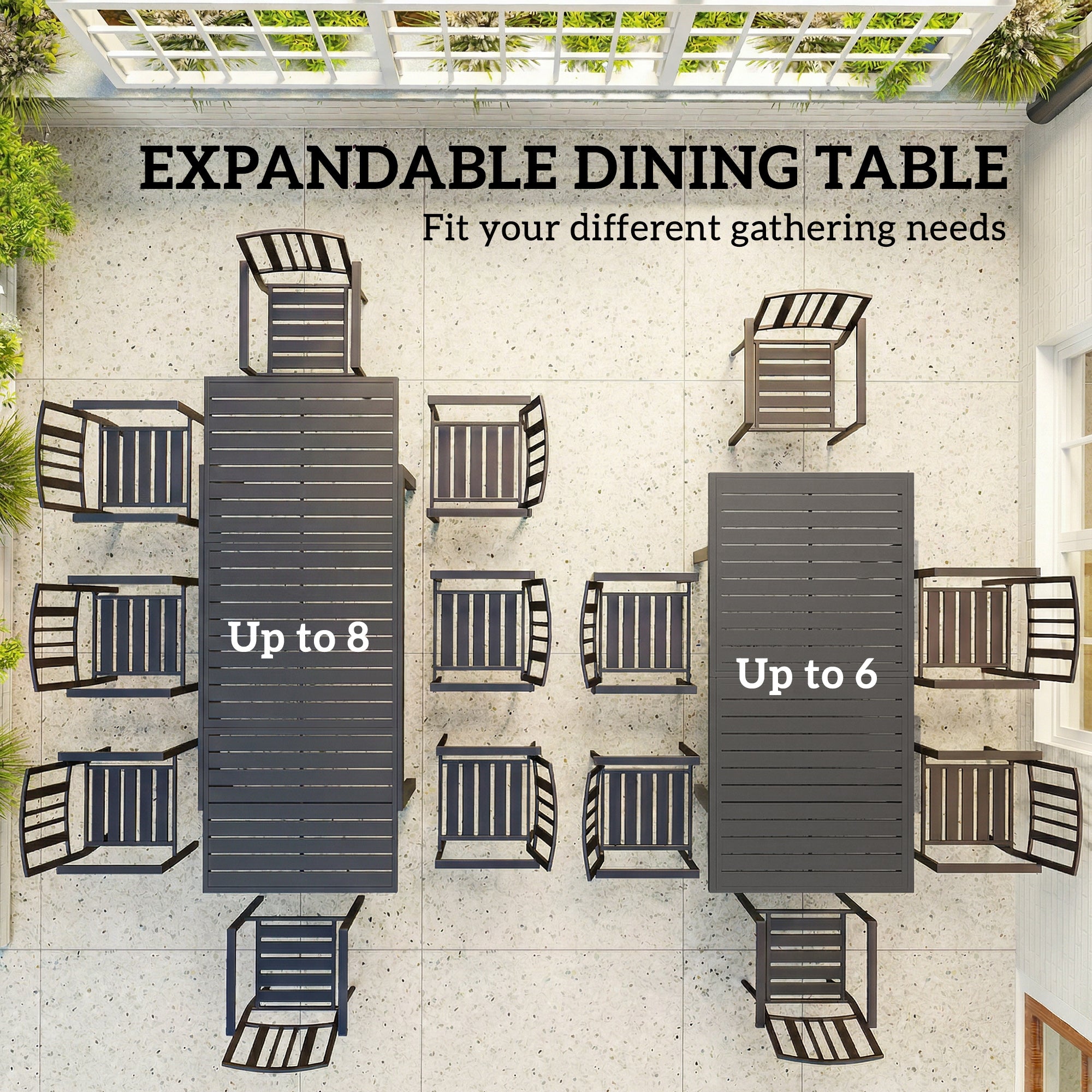Extending Garden Table for 6-8 People, Full Aluminium Outdoor Dining Table with Slatted Top, Dark Grey