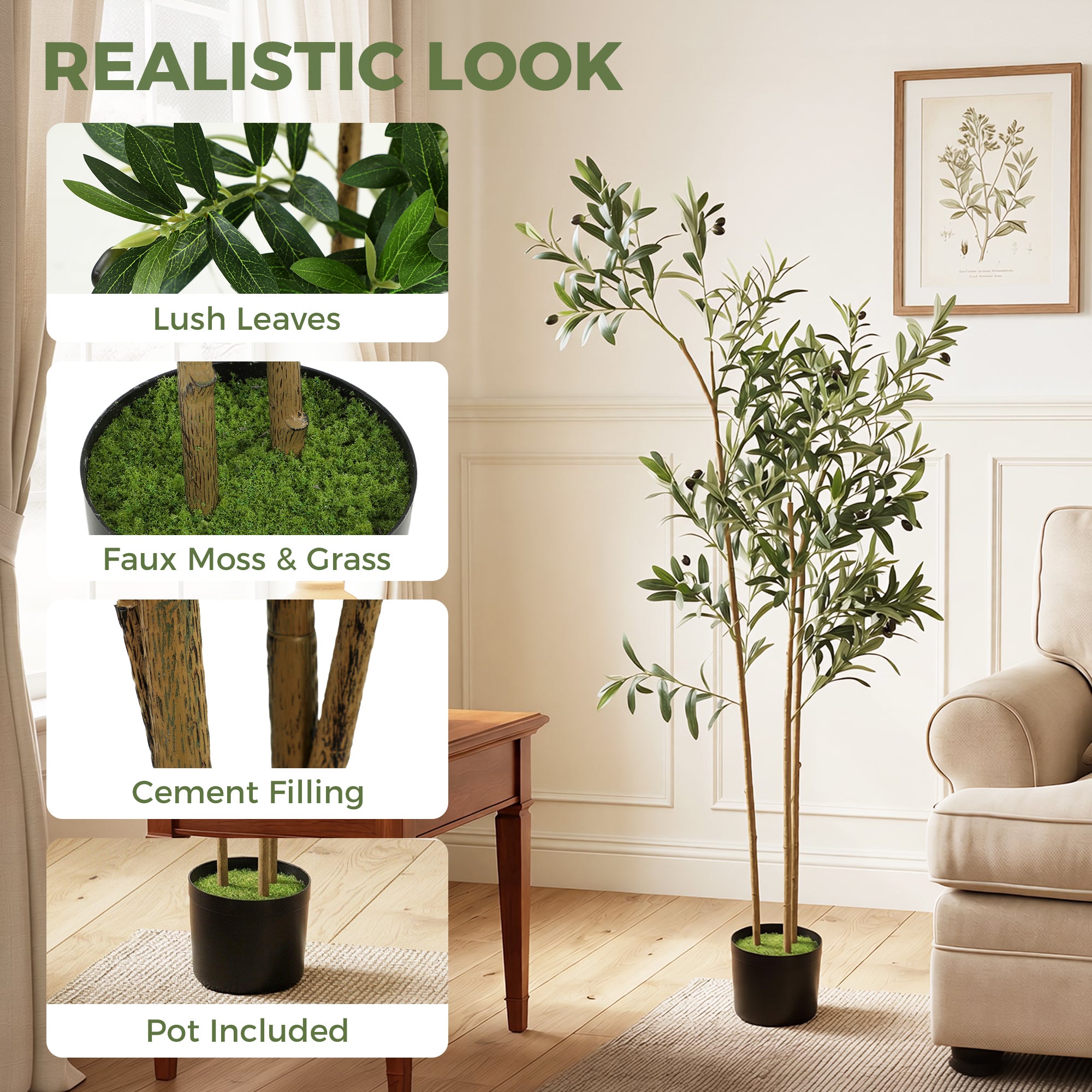 Decorative Artificial Plant, 148 cm Silk Olive Tree with 553 Leaves in Cement Pot, Fake Plant