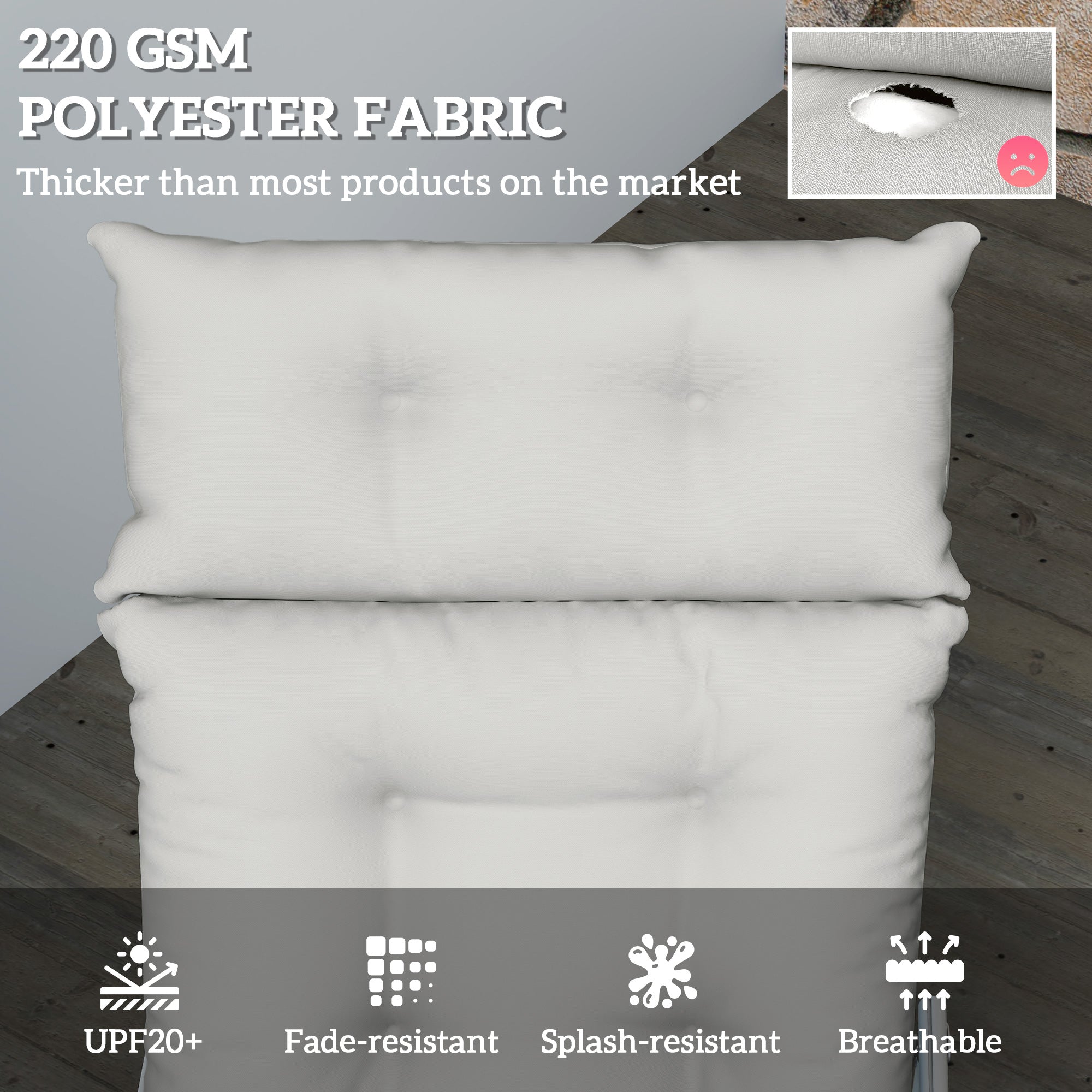 Sun Lounger Cushion Set of 2 - Thick 220gsm Fabric, Light Grey