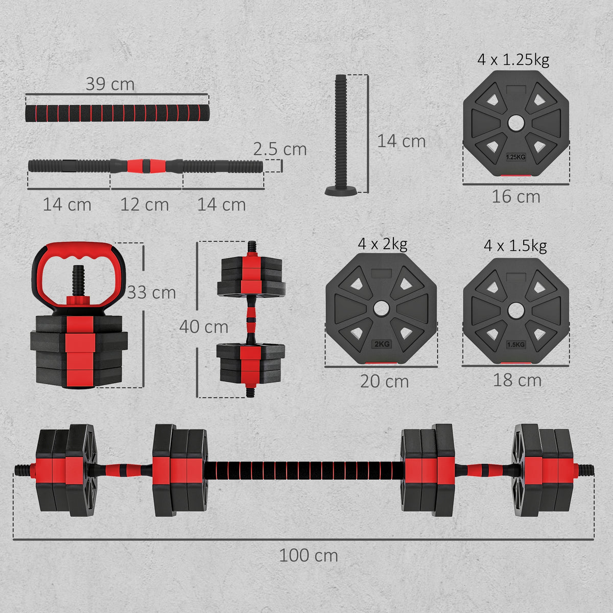 6-in-1 Adjustable Weight Dumbbells Set, Used as Kettlebell, Barbell, Dumbbell, Push-Up Stand, 20kg Free Weights Set for Men and Women Home Gym Training, Red