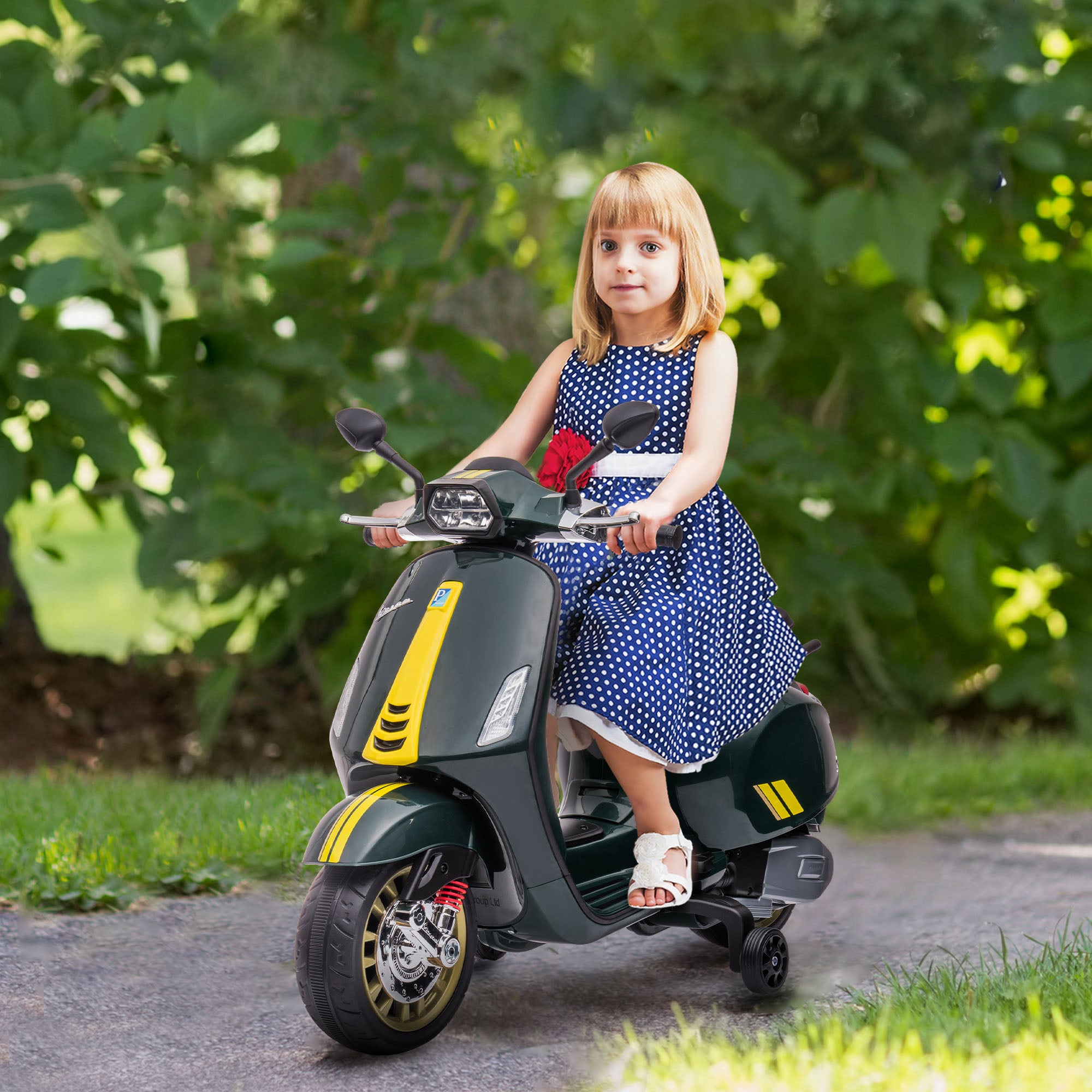 12V Vespa Licensed Kids Electric Motorbike w/ Music, Headlights, FM Radio, for 3-6 Years - Green