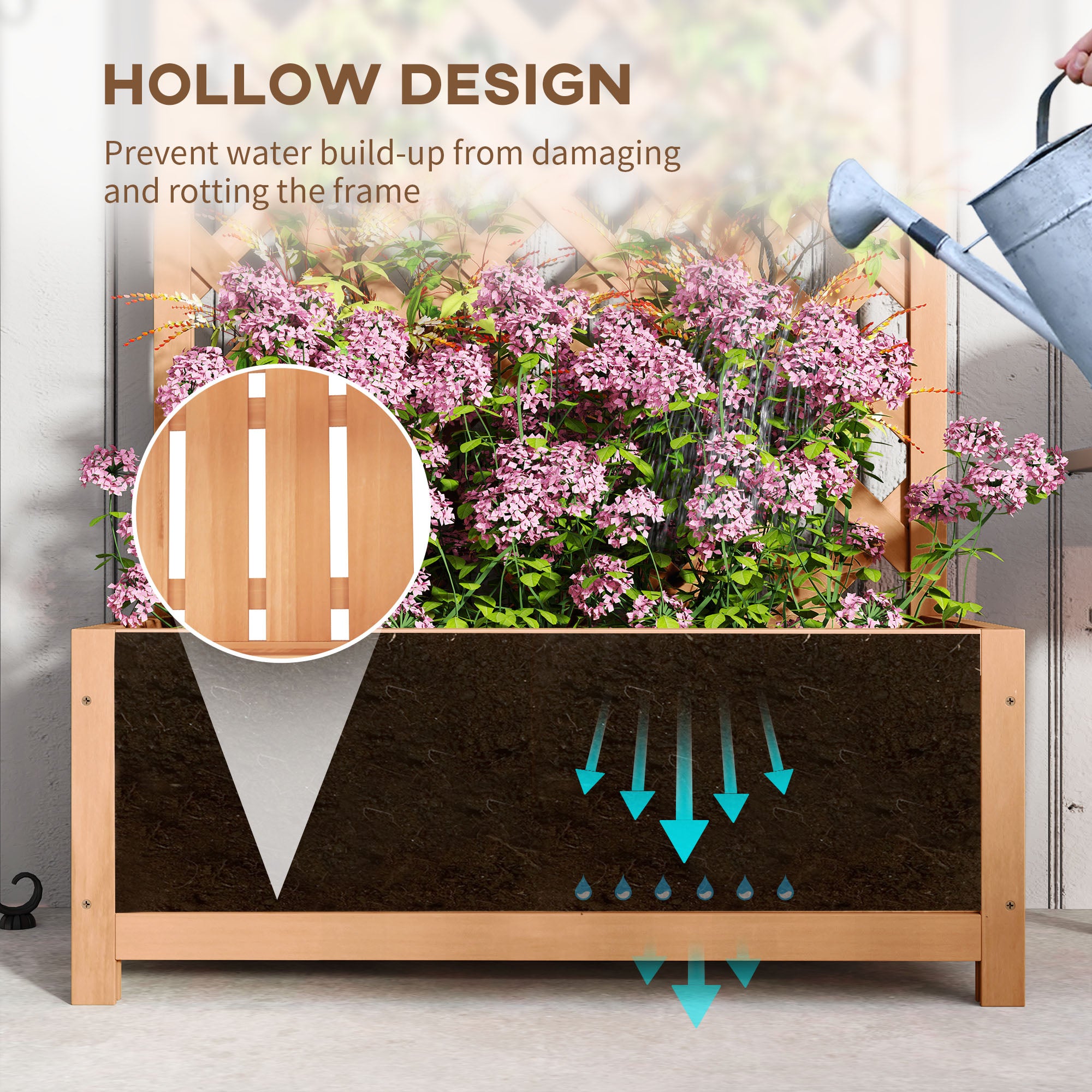 Wooden Planter with Trellis, Freestanding Raised Bed for Garden with Lattice, Outdoor Planter Box for Climbing Plants, Vines, Flowers, 76 x 36 x 170 cm, Natural