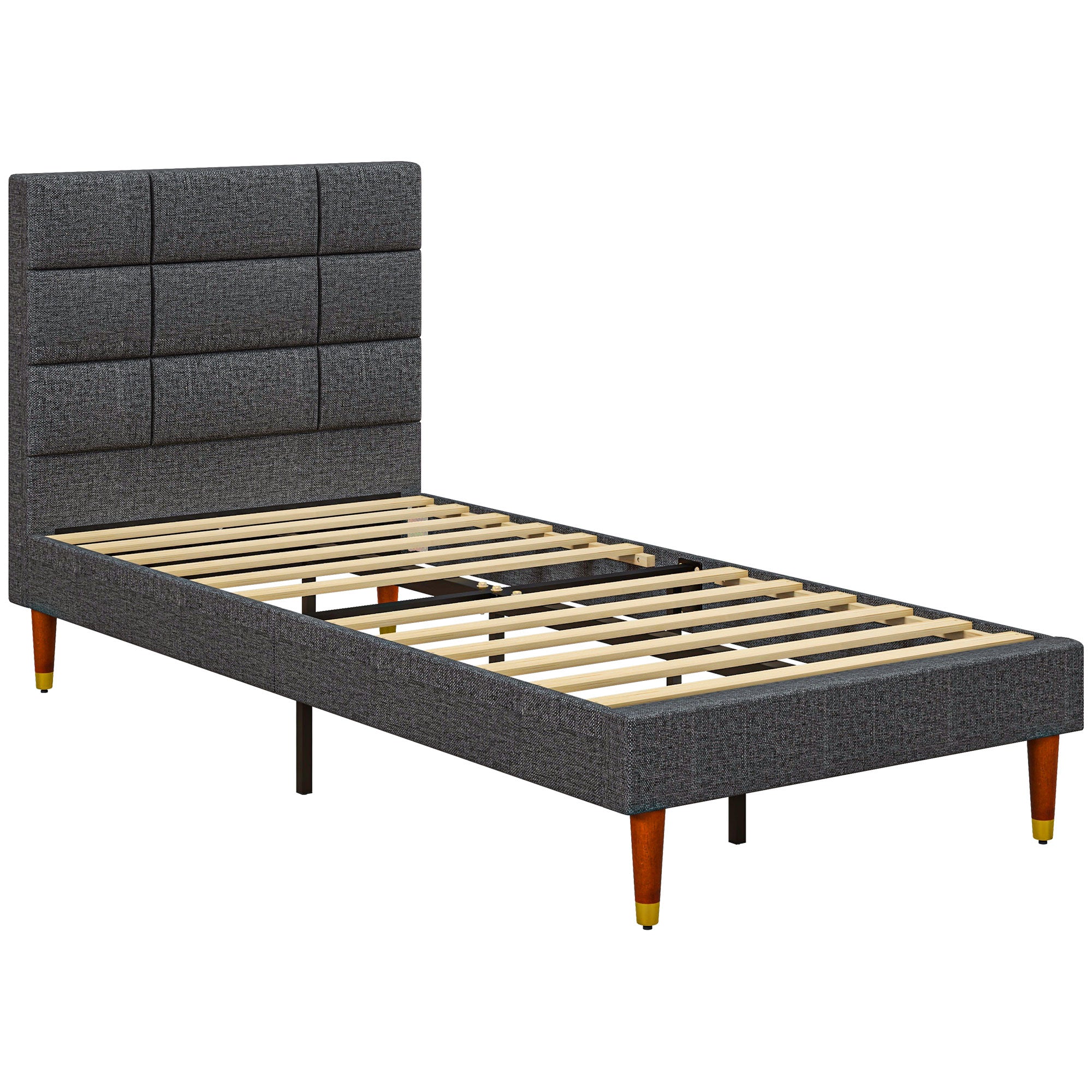 Upholstered Single Bed Frame, with Slats - Grey