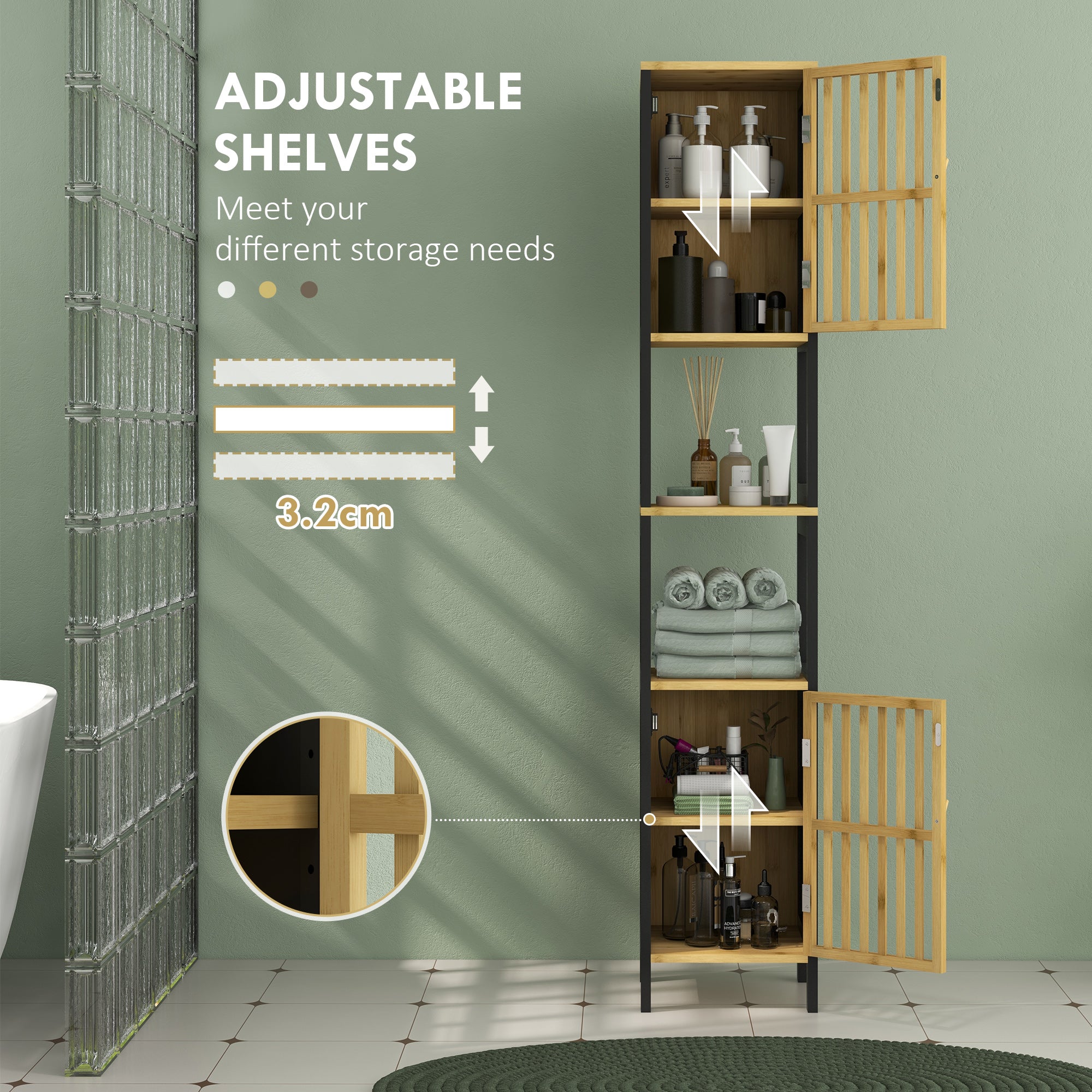 Bamboo-Blend Retro Cut-Out Tall Bathroom Storage Unit