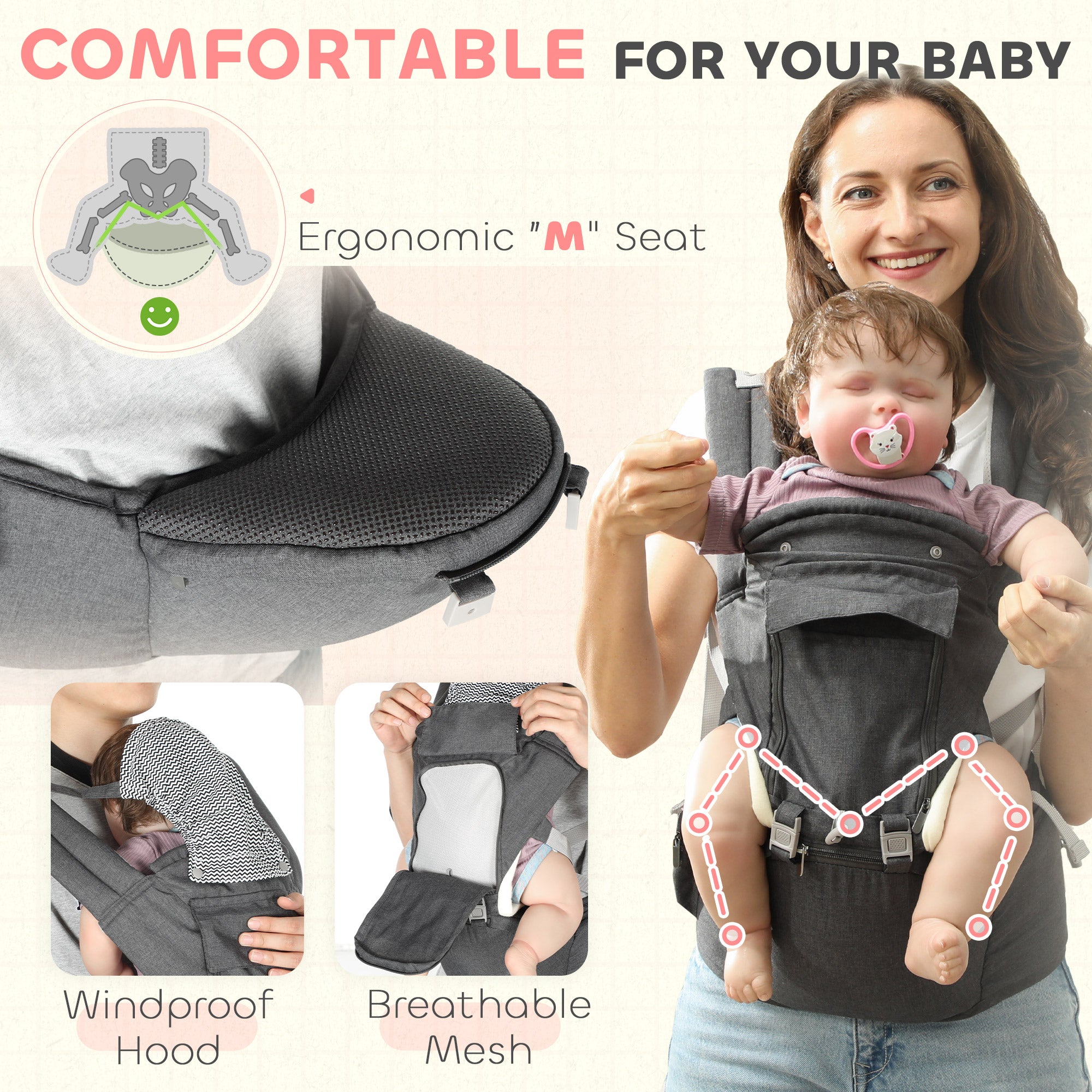 6-in-1 Baby Carrier for Newborns-Toddlers, with Removable Seat, for Ages 0-36 Months, Up to 15kg, Grey