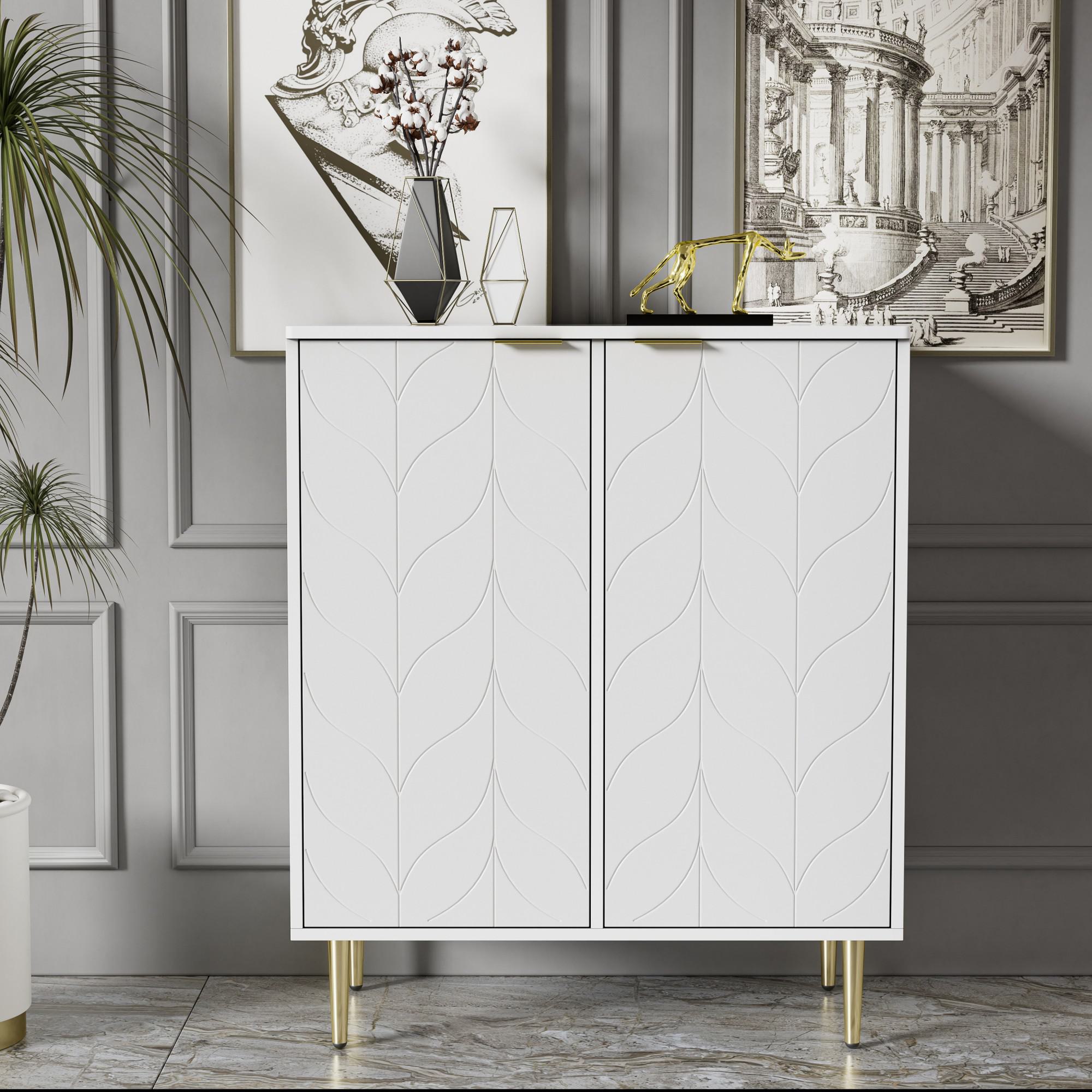 Lacquered Sideboard with 2 Doors and 6 Compartments, Gold-Plated Feet and Handles, 3 Shelves, 75L x 40W x 90H cm, White