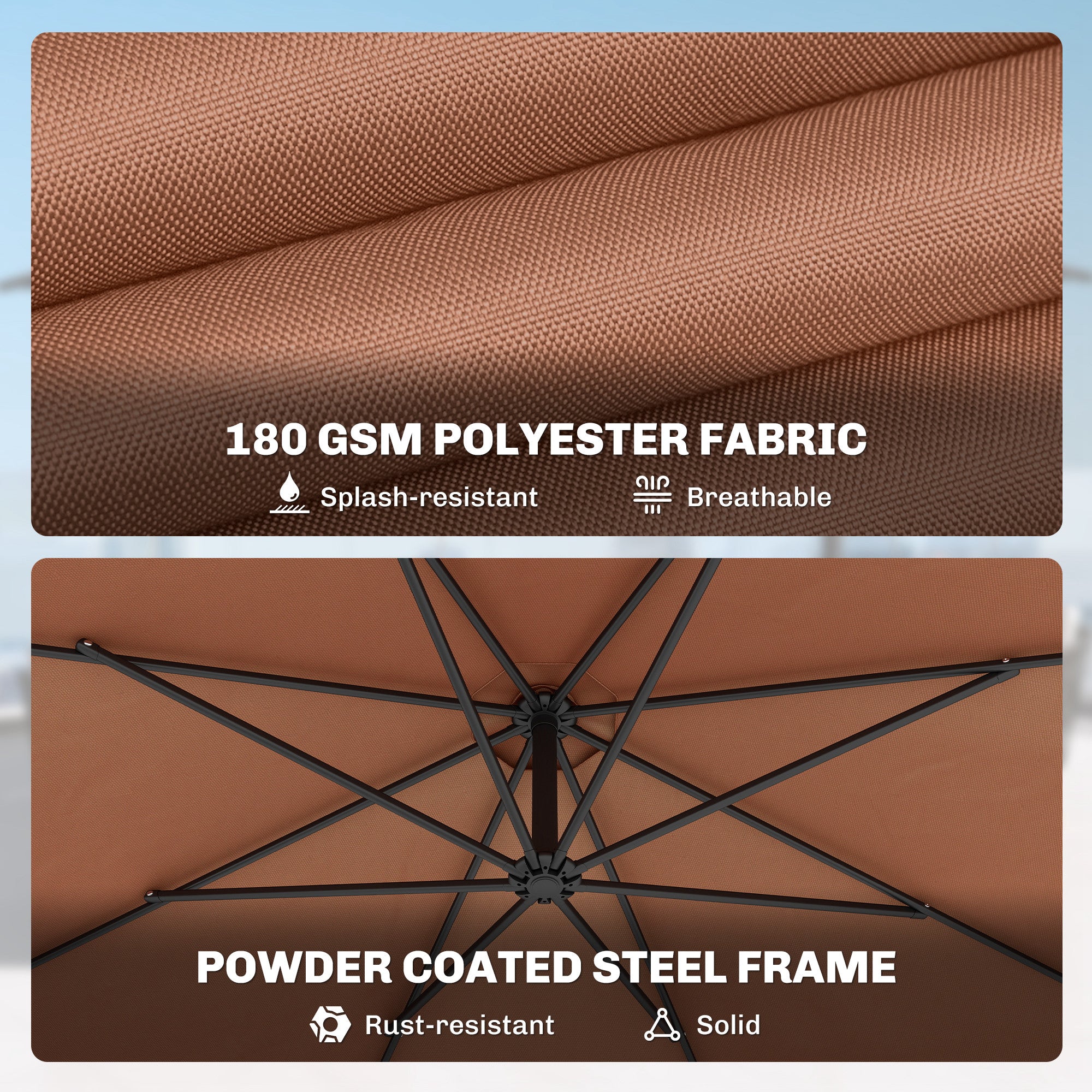 3 m Overhanging Cantilever Parasol, with Cross Base - Coffee