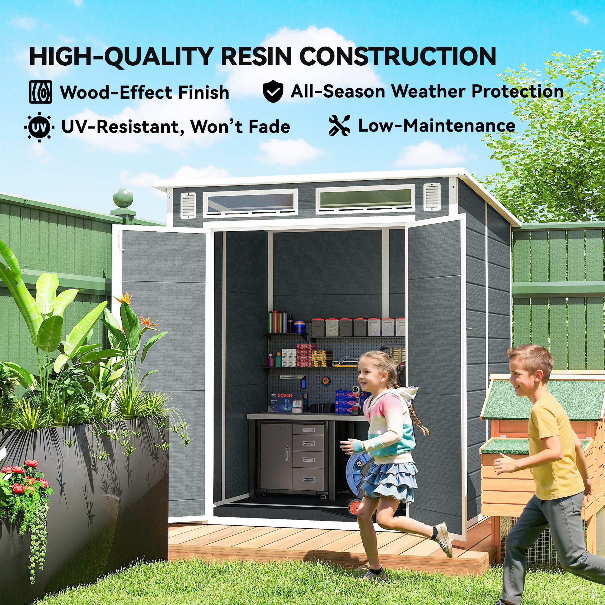 6 x 6 ft Plastic Garden Shed, Wood-Effect Outdoor Storage Shed with Floor, Windows, Lockable Doors and Vents, Grey