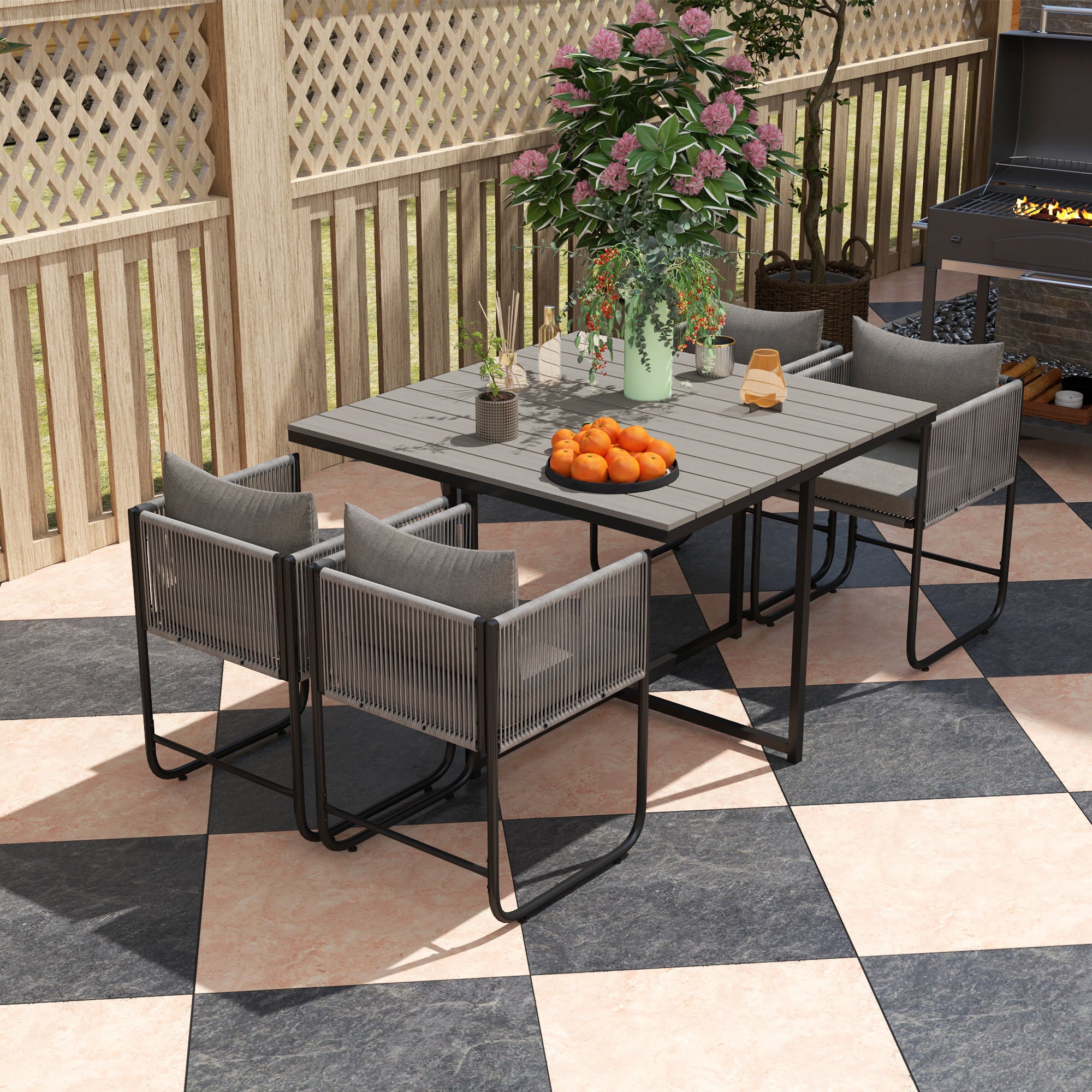 4 Seater Rattan Cube Garden Furniture Set, Rattan Dining Set with Cushions, Outdoor Dining Table and Chairs with Rectangular Wood Grain Plastic Top Table for Patio, Balcony, Grey