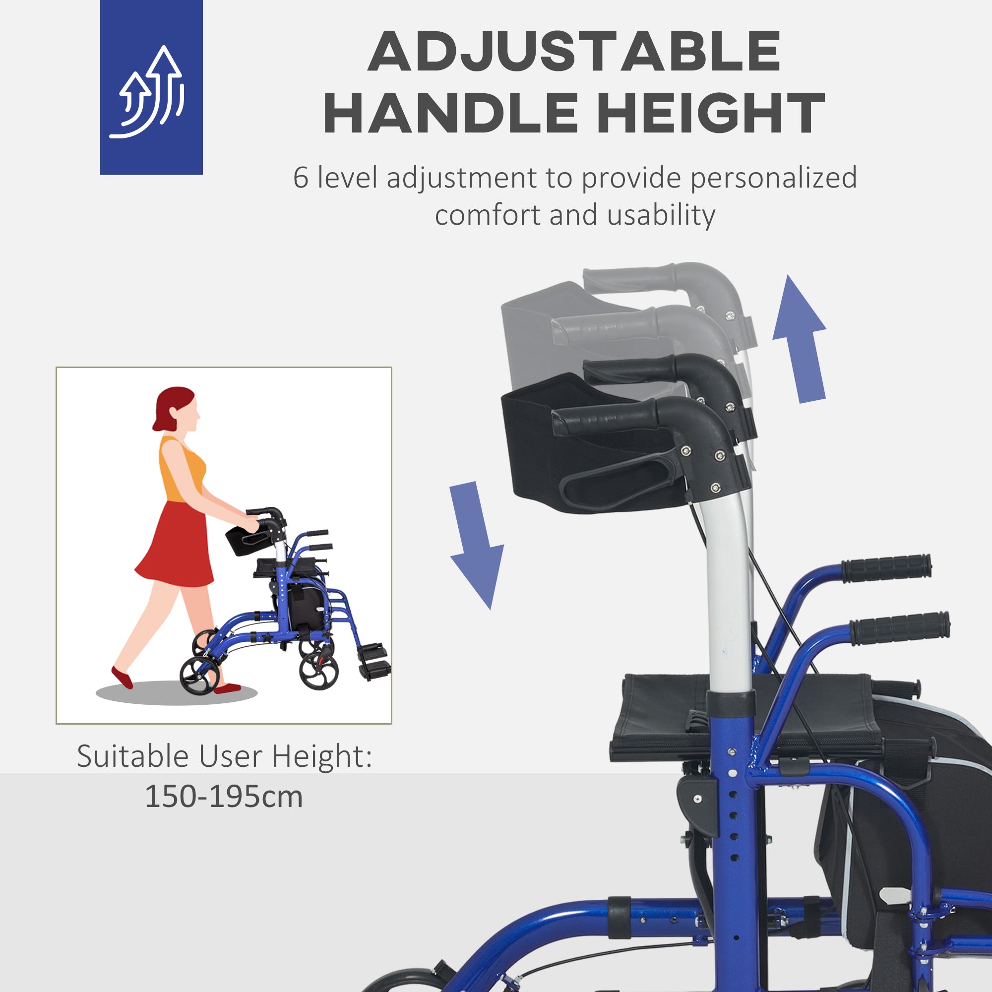2 in 1 Folding Wheelchair Transport Chair & Rollator Walker with Seat, Backrest, Footrest, Adjustable Height, 4 Wheels for Seniors - Pearl Blue