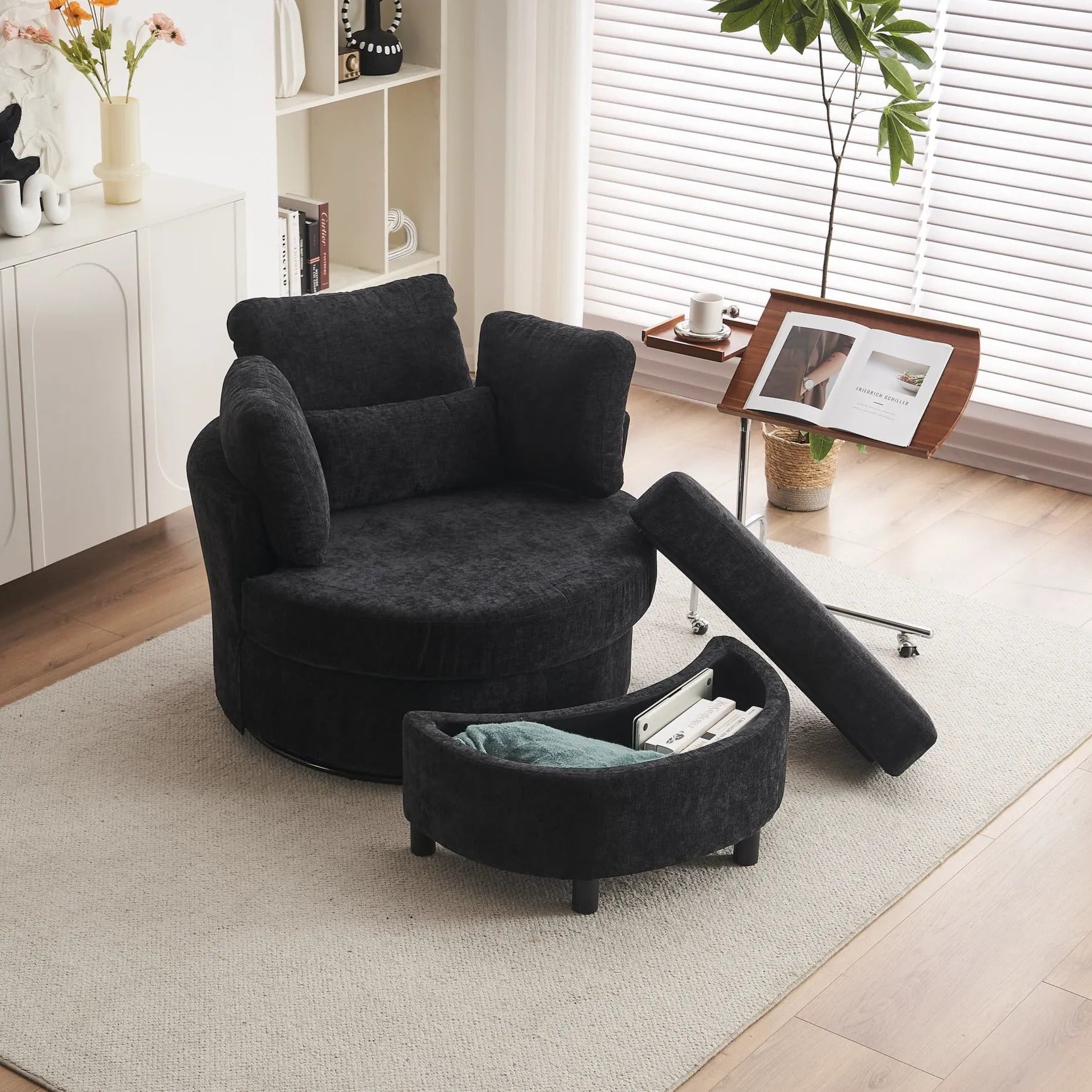 Chenille Swivel Armchair with 3 Back Cushions and Crescent Ottoman Stool, 360° Swivel Recliner Sofa, 107L x 105W x 82H cm, Black