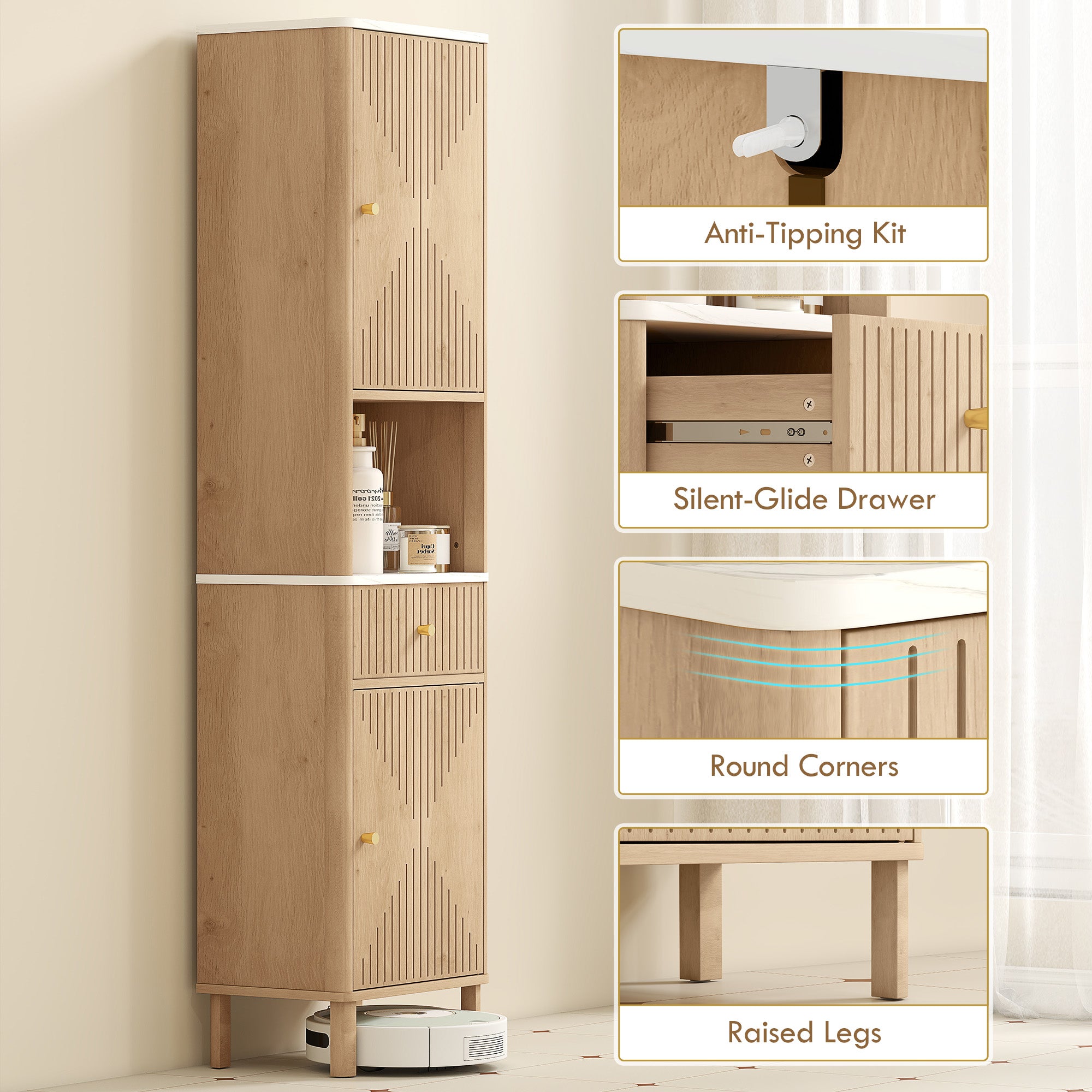 Slim Bathroom Cabinet with Silent Drawer Rail for Scandinavian, Japanese Styles - Wood-Effect