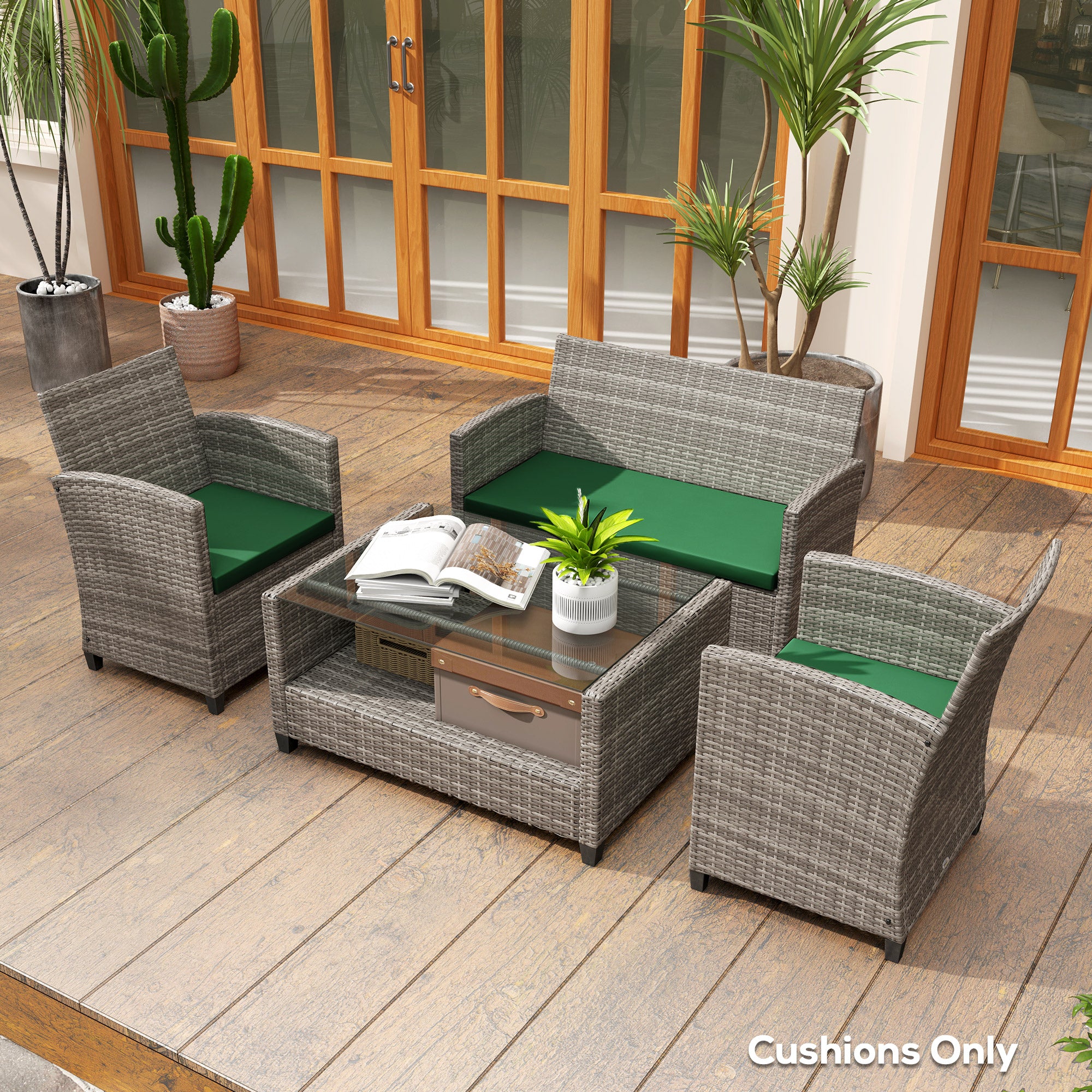 3 Piece Rattan Outdoor Seat Cushion Set - Green