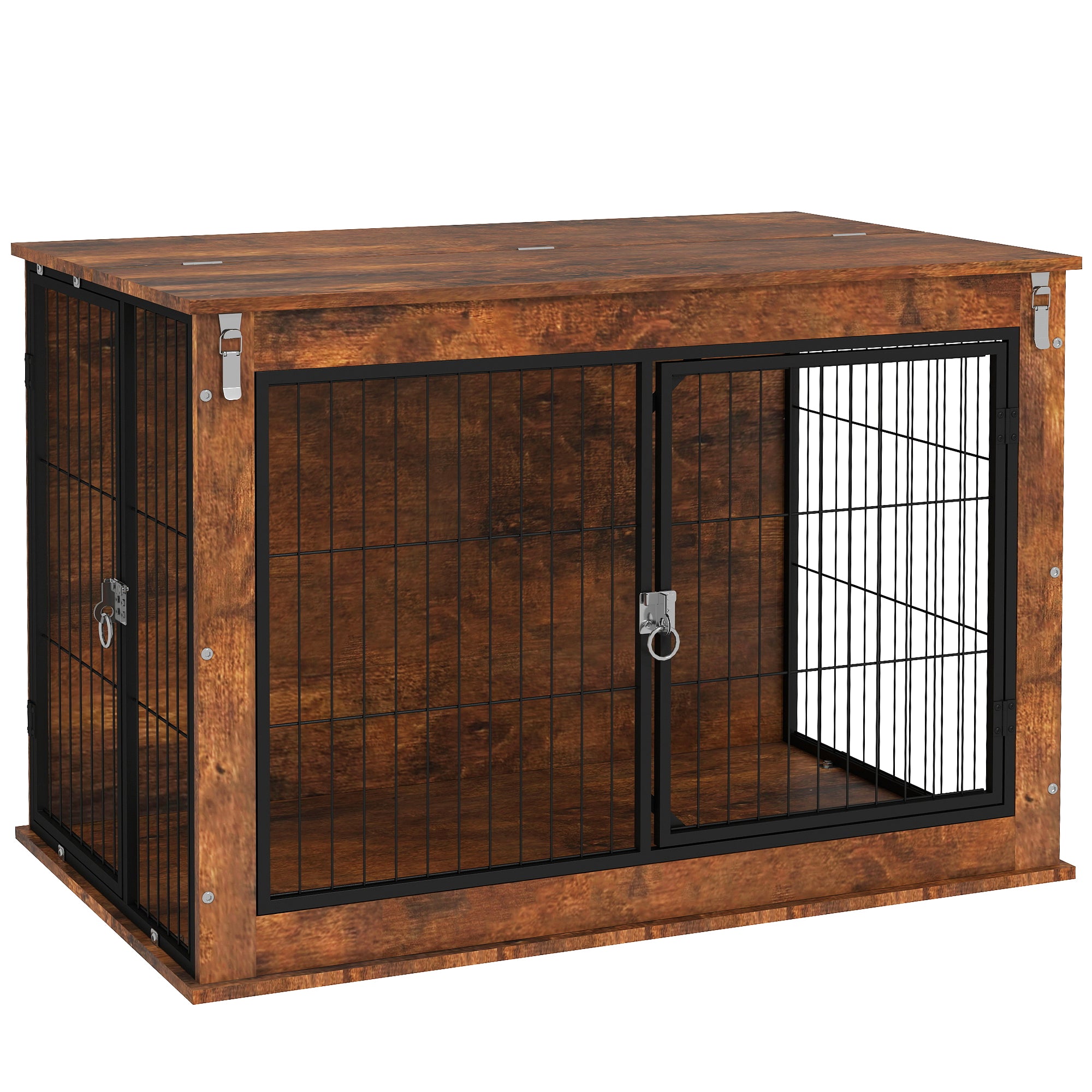 Dog Crate Furniture with Flip-up Top, 2 Doors, for Large Dogs, 98 x 60 x 65.5cm, Rustic Brown