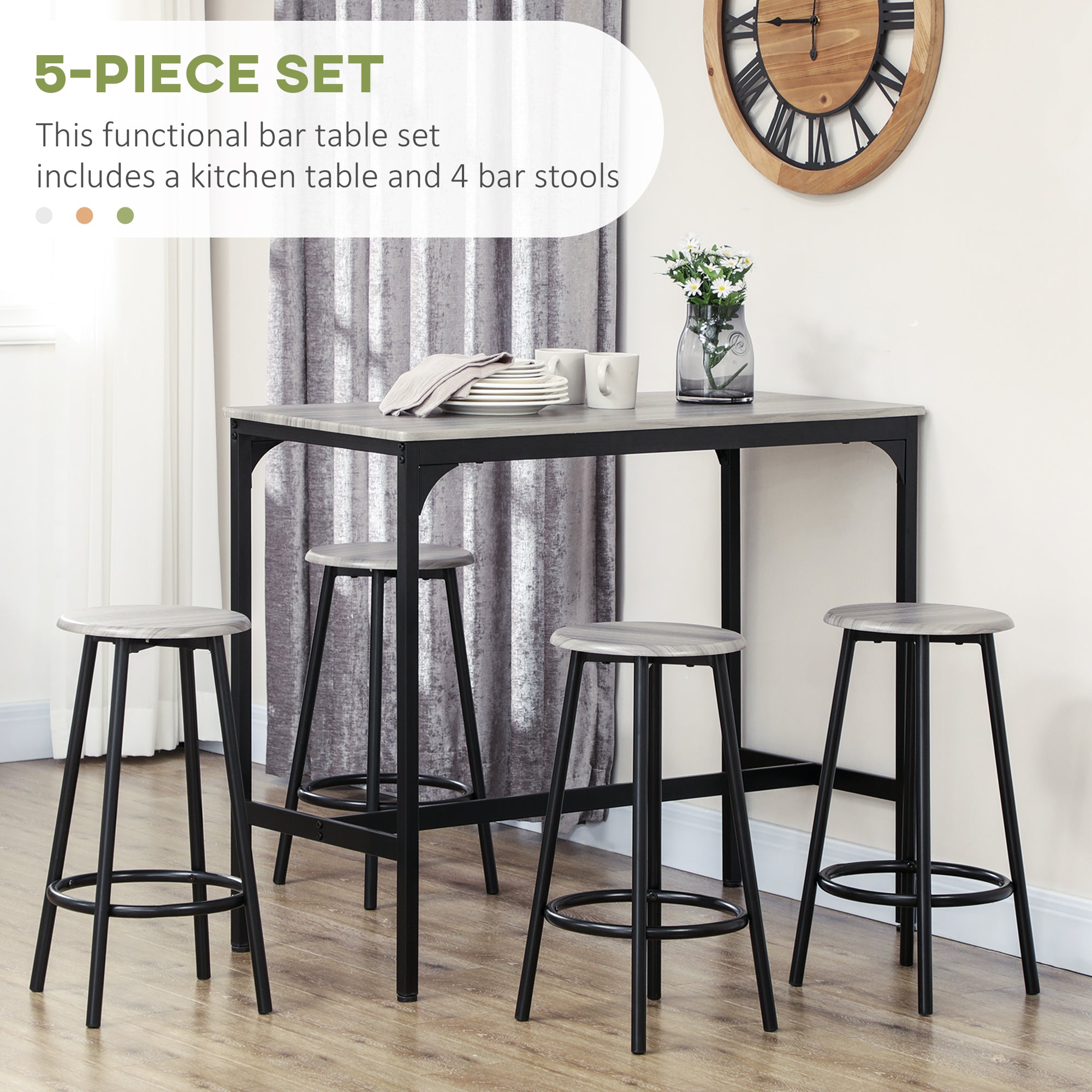 Five-Piece Industrial-Style Bar Table Set - Grey/Black