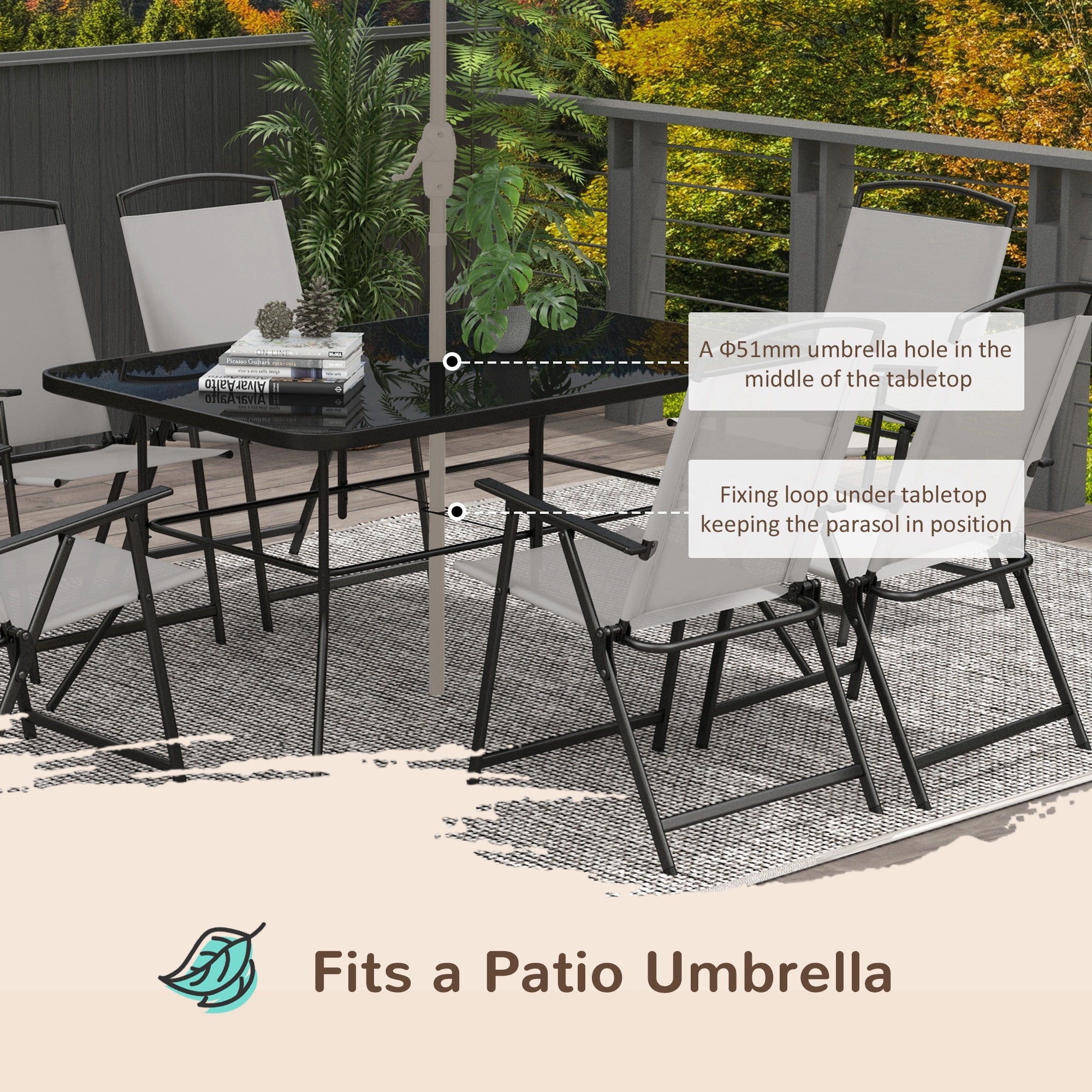 Seven-Piece Garden Dining Set, with Glass-Top Table and Folding Chairs - Grey