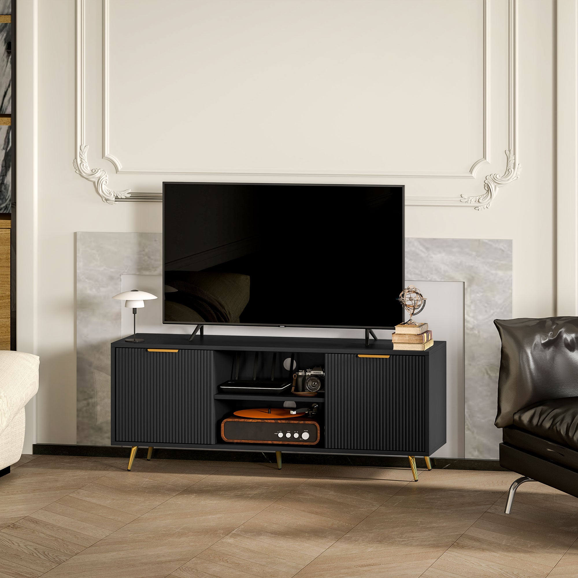 Modern TV Stand Cabinet for TVs up to 55" with 2 Shelves & 2 Cabinets, Cable Management - Black