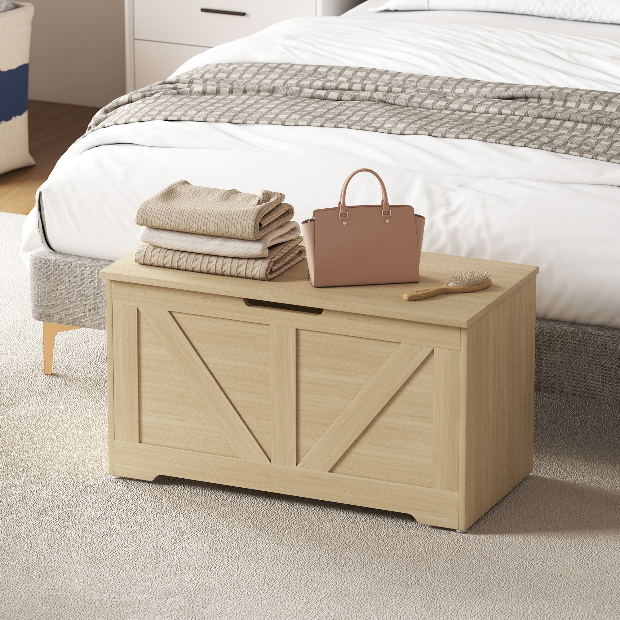 100L Home Storage Box, with Safety Hinges - Natural Wood Finish