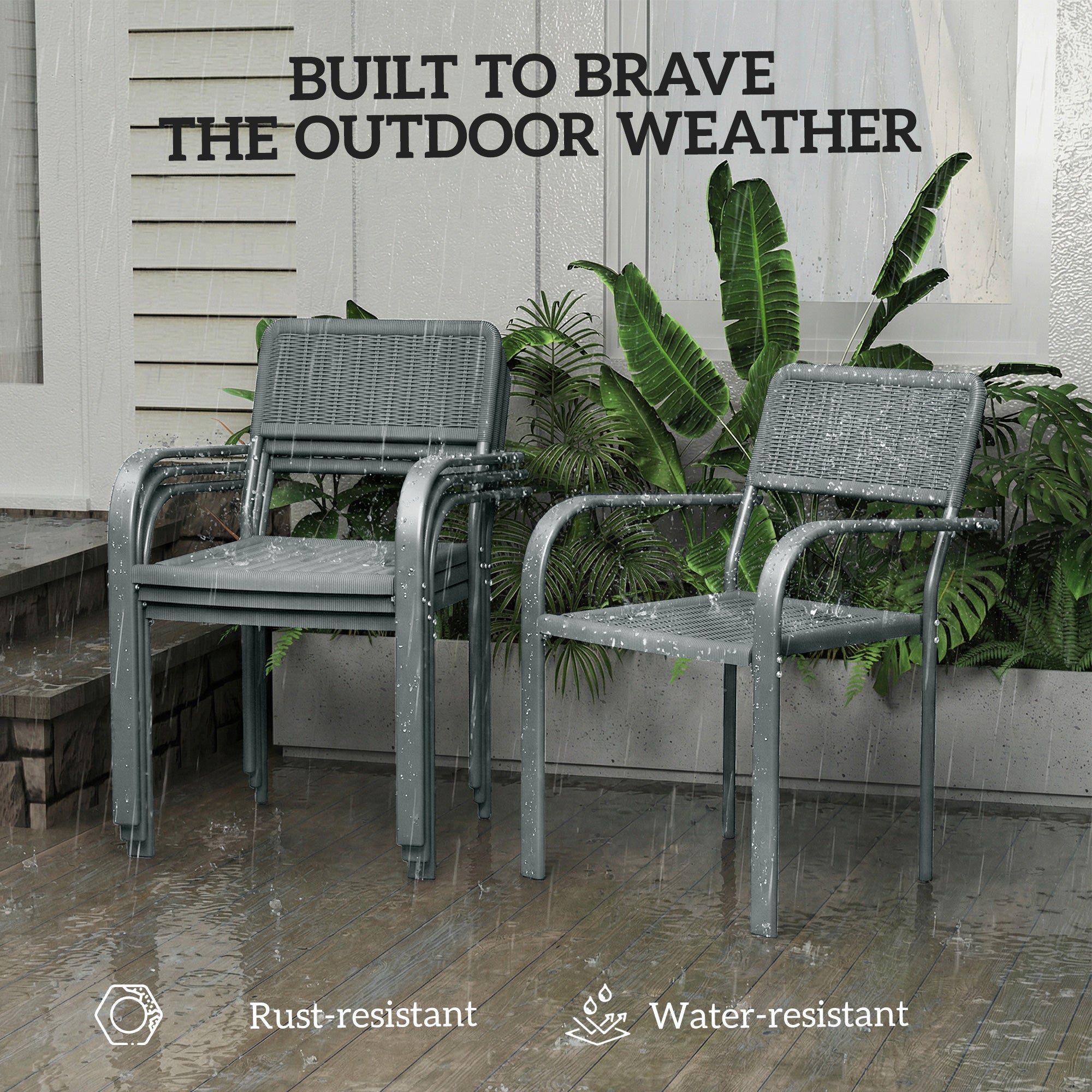 Stackable Garden Chairs Set of 4, Rattan Effect Outdoor Dining Chairs, Light Grey