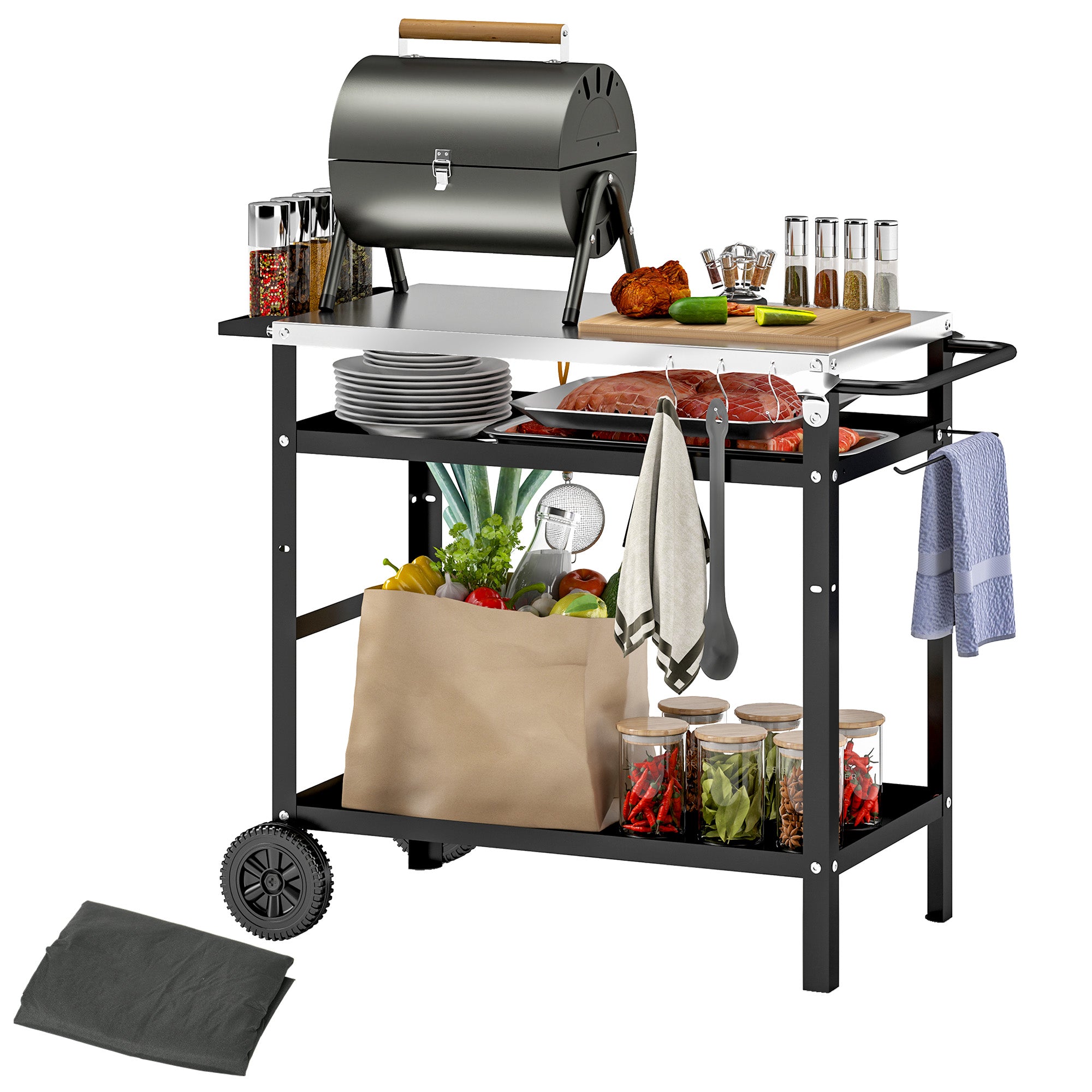 BBQ Trolley with Stainless Steel Top Adjustable Shelf, Outdoor Kitchen BBQ Station with Hooks Seasoning Tray Towel Rack, Pizza Oven Table Movable Outdoor Grill Dining Cart with Cover, Black