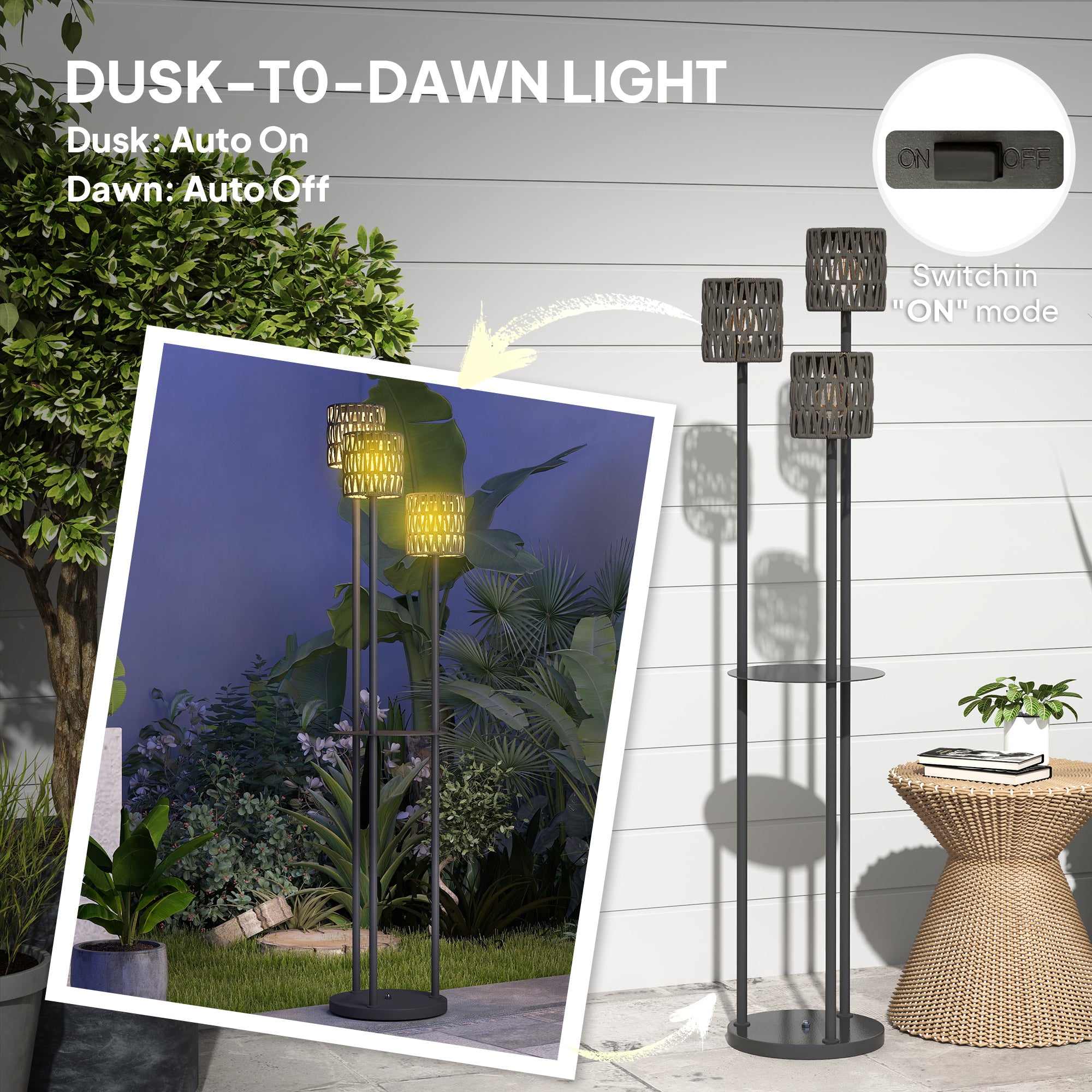 Boho Rattan Floor Lamp, 3-Lights Rattan Lamp with Shelf, Freestanding Solar Garden Light with Auto On/Off Lights, Grey