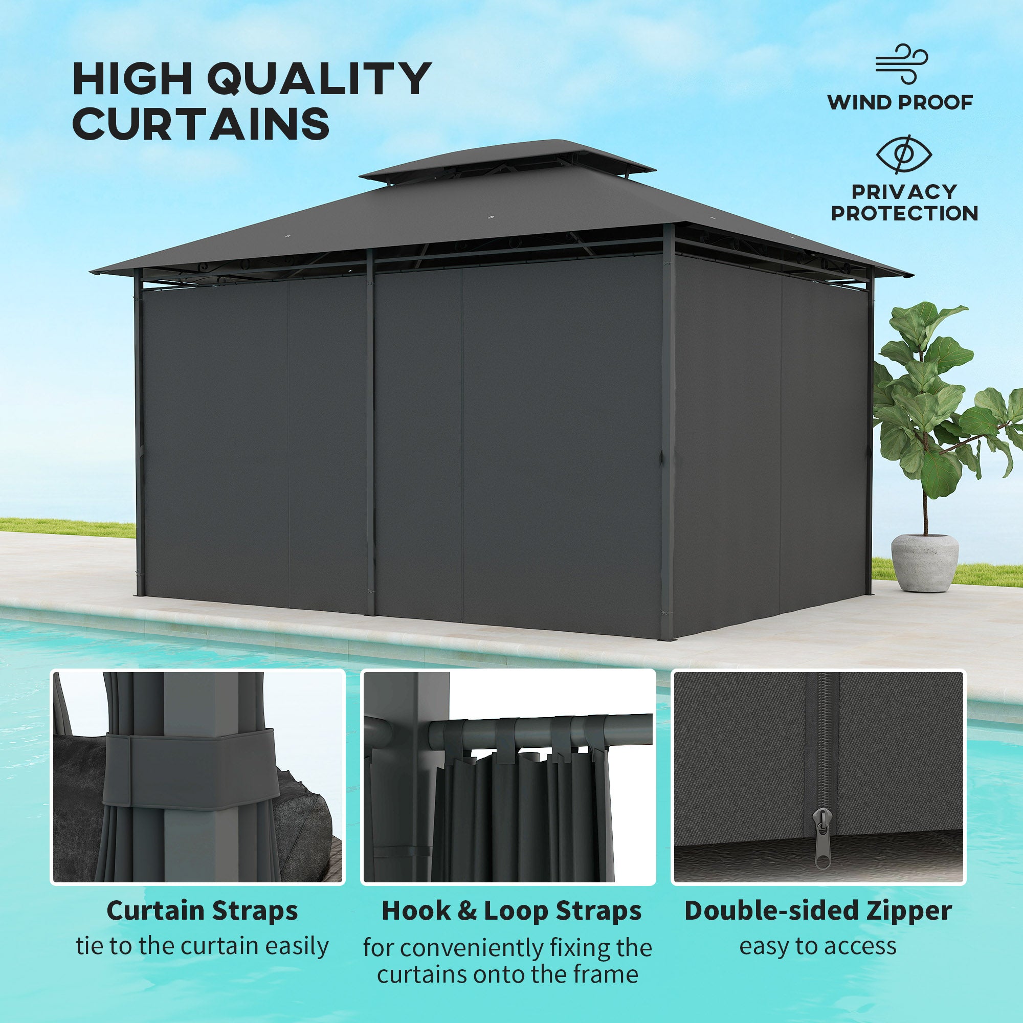 3 x 4m Steel Gazebo, with Curtains - Black