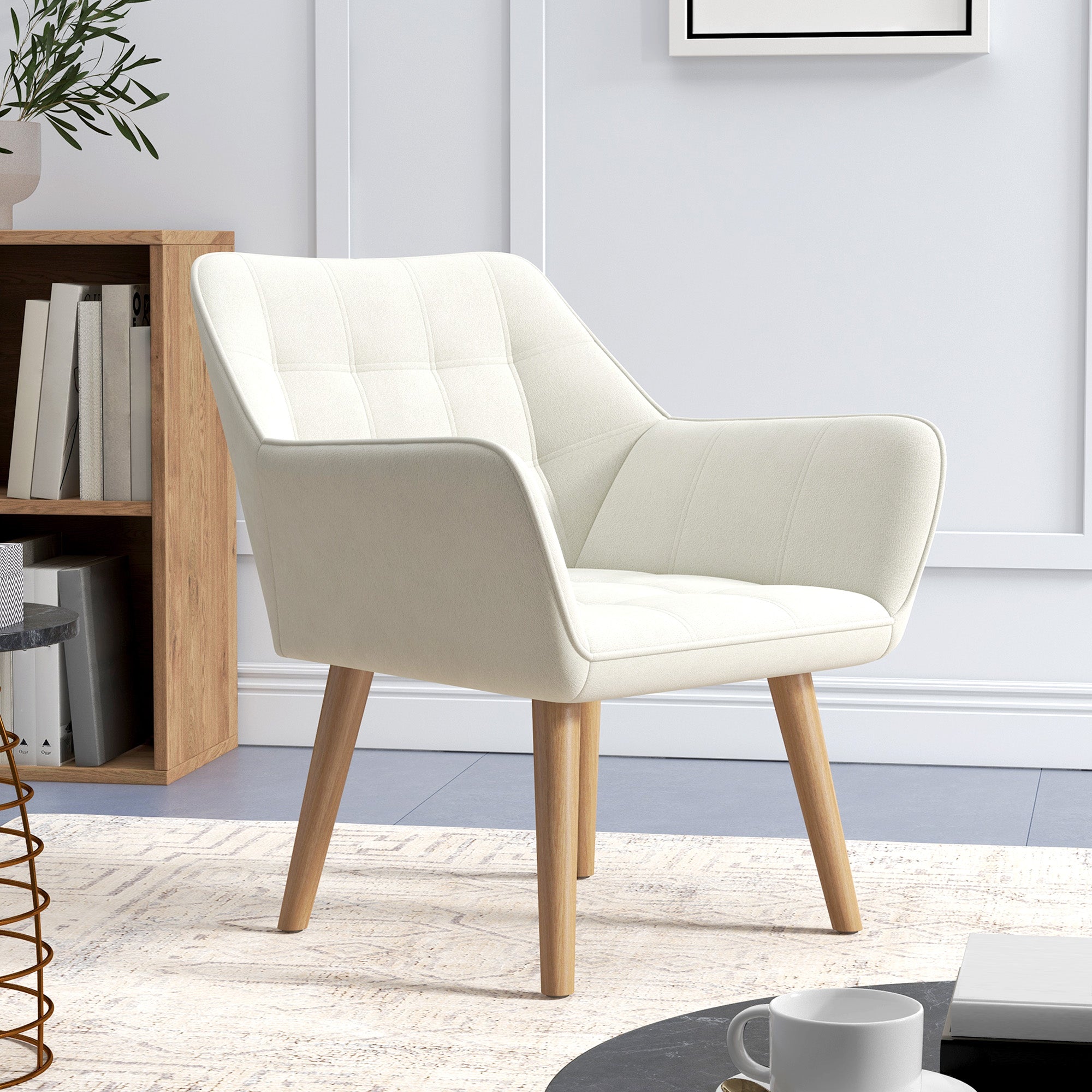 Accent Chair, Arm Chair with Wide Arms, Slanted Back, Thick Padding and Rubber Wooden Legs for Living Room, Cream White