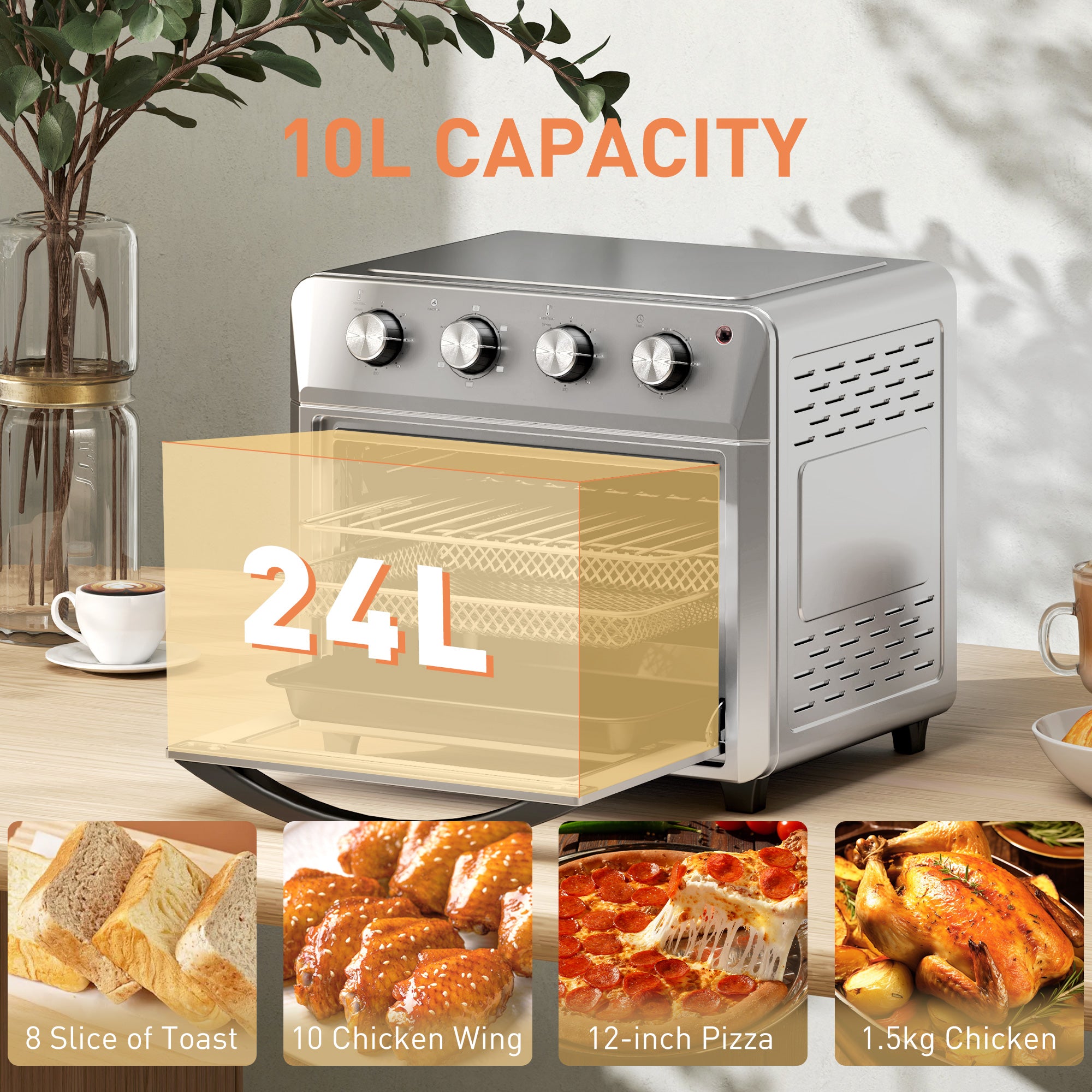 24L Air Fryer Oven, Mini Oven, Oil Free Cooking, Grill, Roast, Bake, with Adjustable Temperature, Timer, Touch Screen, Dishwasher Safe, 1600W, Silver