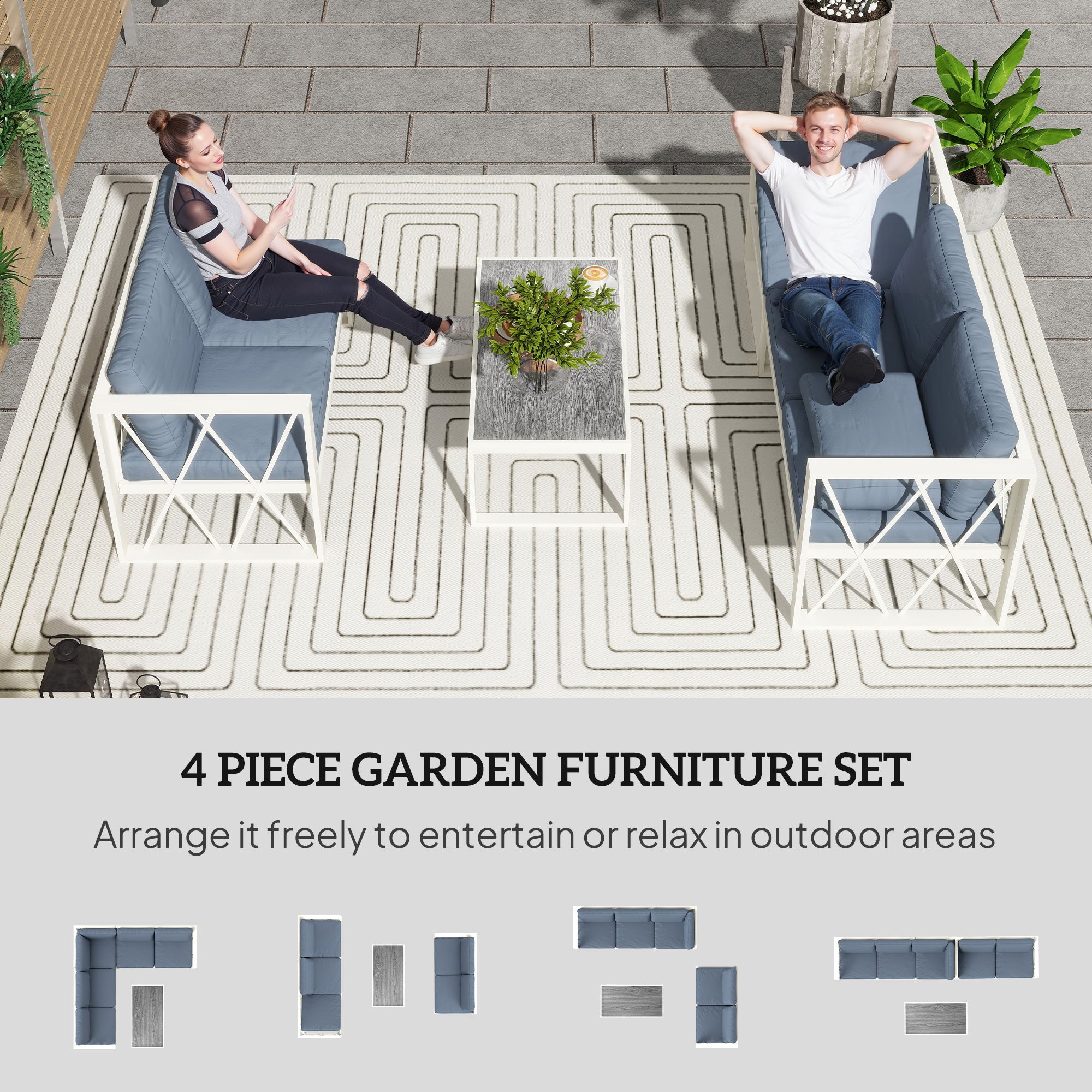 Four-Piece L Shaped Garden Furniture Set with 5-Level Adjustable Lounger - Grey