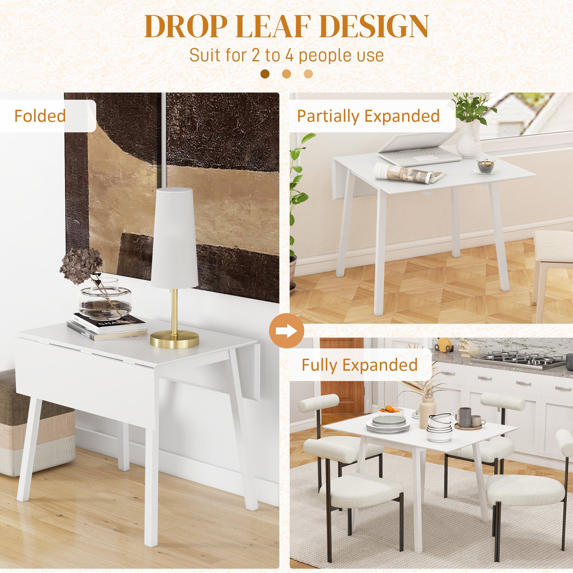 Solid Wood Folding Drop Leaf Dining Table for 2-4 People, Rectangle Kitchen Table - White