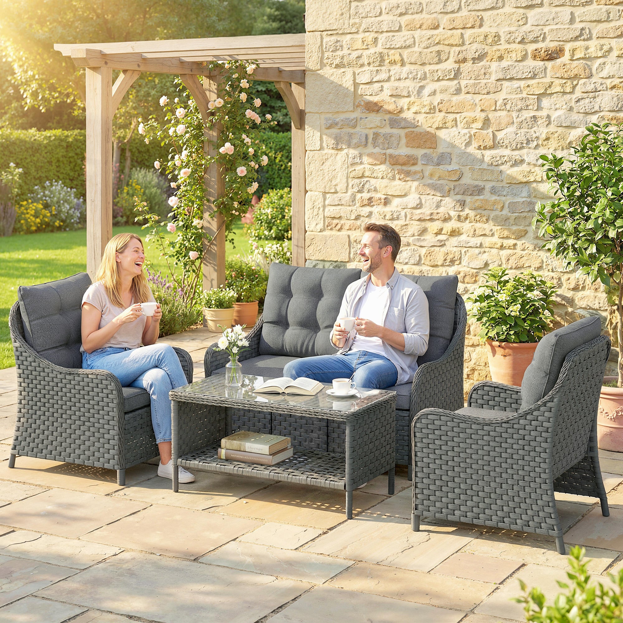 4-Piece Wicker Patio Furniture Set with 2 Armchairs, Loveseat, Glass Coffee Table, Conversation Sofa Set, Dark Grey