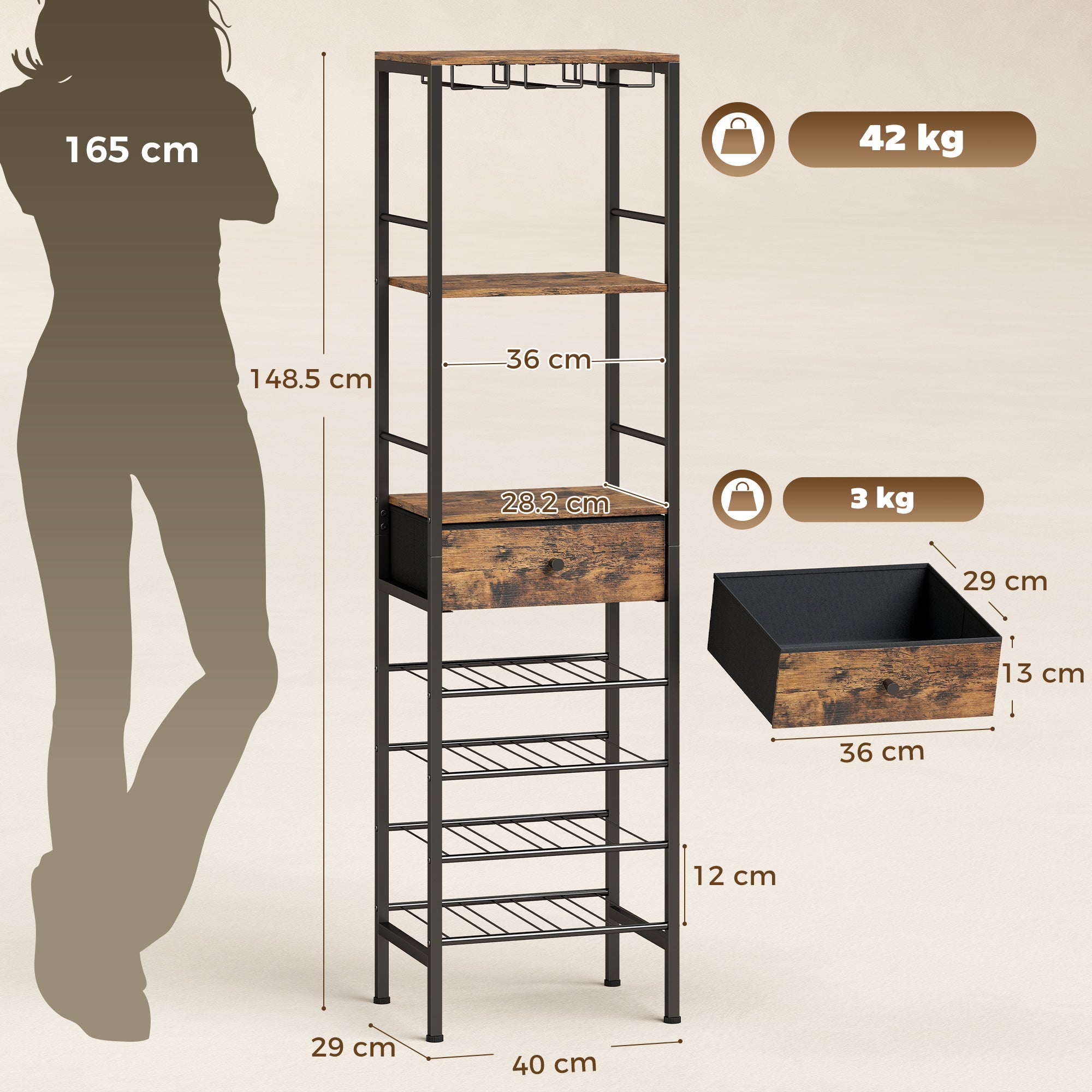 Industrial Wine Bar Cabinet Freestanding Liquor Cabinet 16-Bottle Wine Rack Glass Holder Rustic Brown