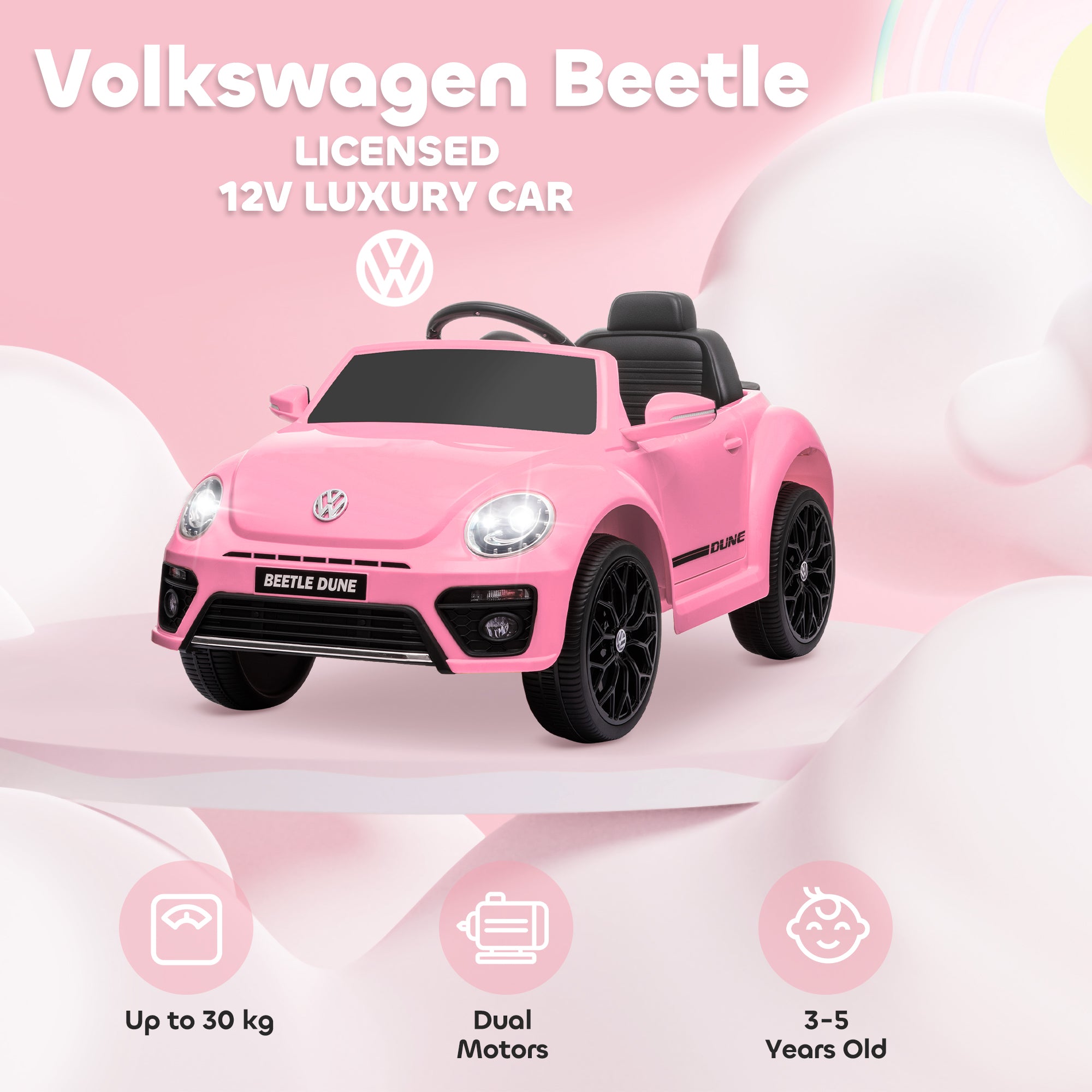 Volkswagen Beetle Licensed 12V Ride on Car w/ Remote Control, Suspension Wheels, Soft Start, Lights, Music, Pink