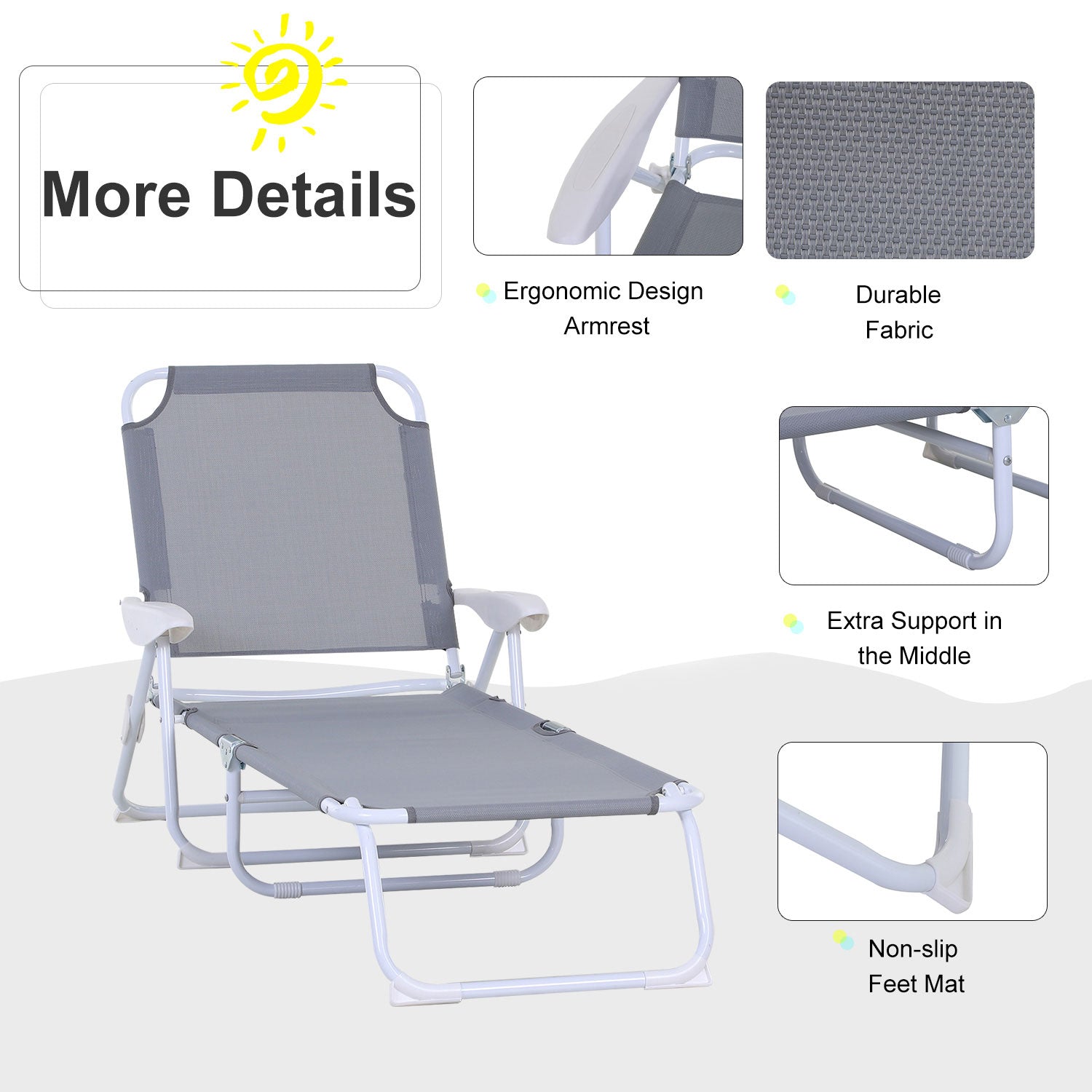 Foldable Sun Lounger, Outdoor 4 Level Adjustable Backrest Reclining Lounge Chair with Armrests for Patio, Garden, Grey