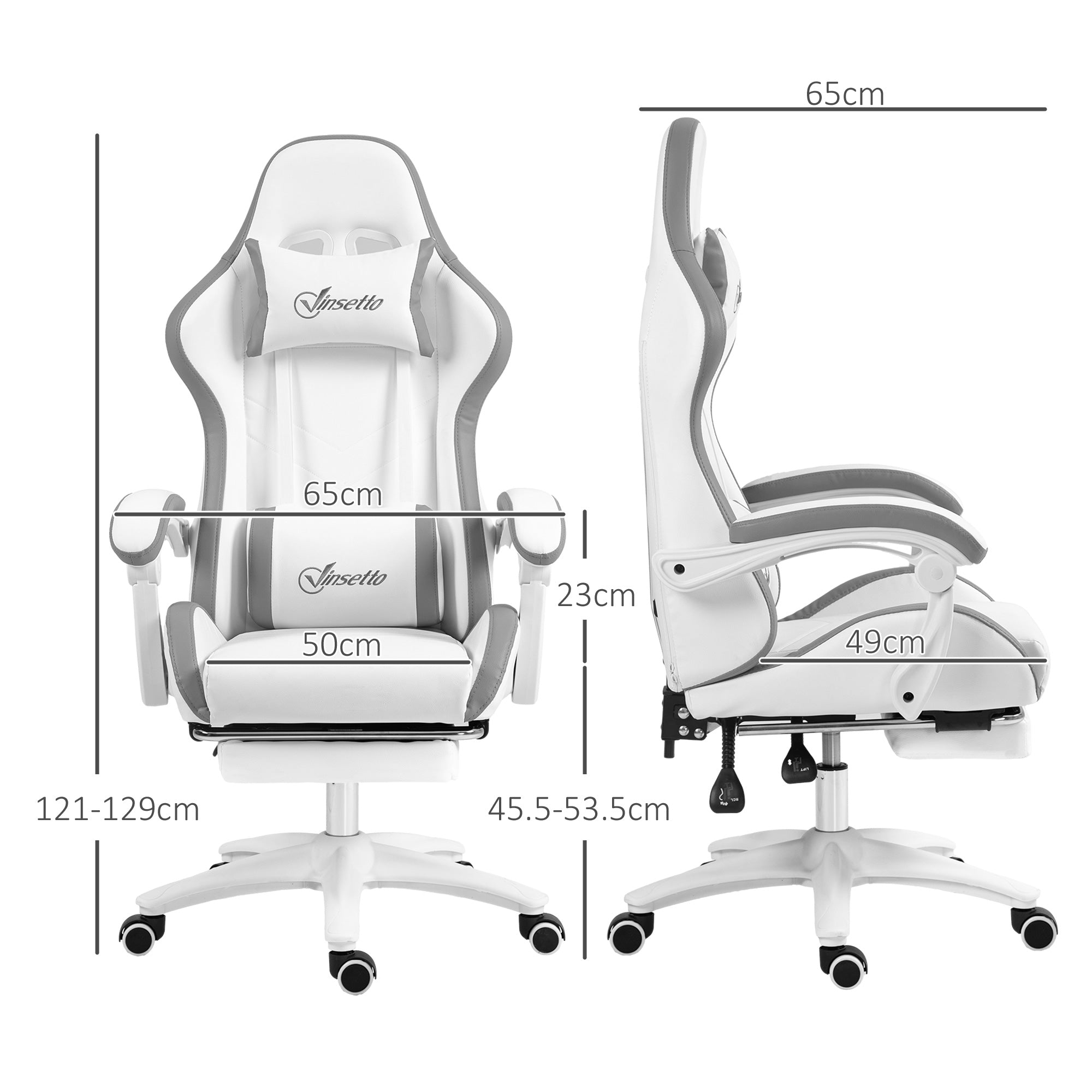 Computer Gaming Chair, PU Leather Desk Chair with Footrest, Swivel Task Chair with 135° Reclining Back and Lumbar Support, PC Chair for Adults, White and Grey