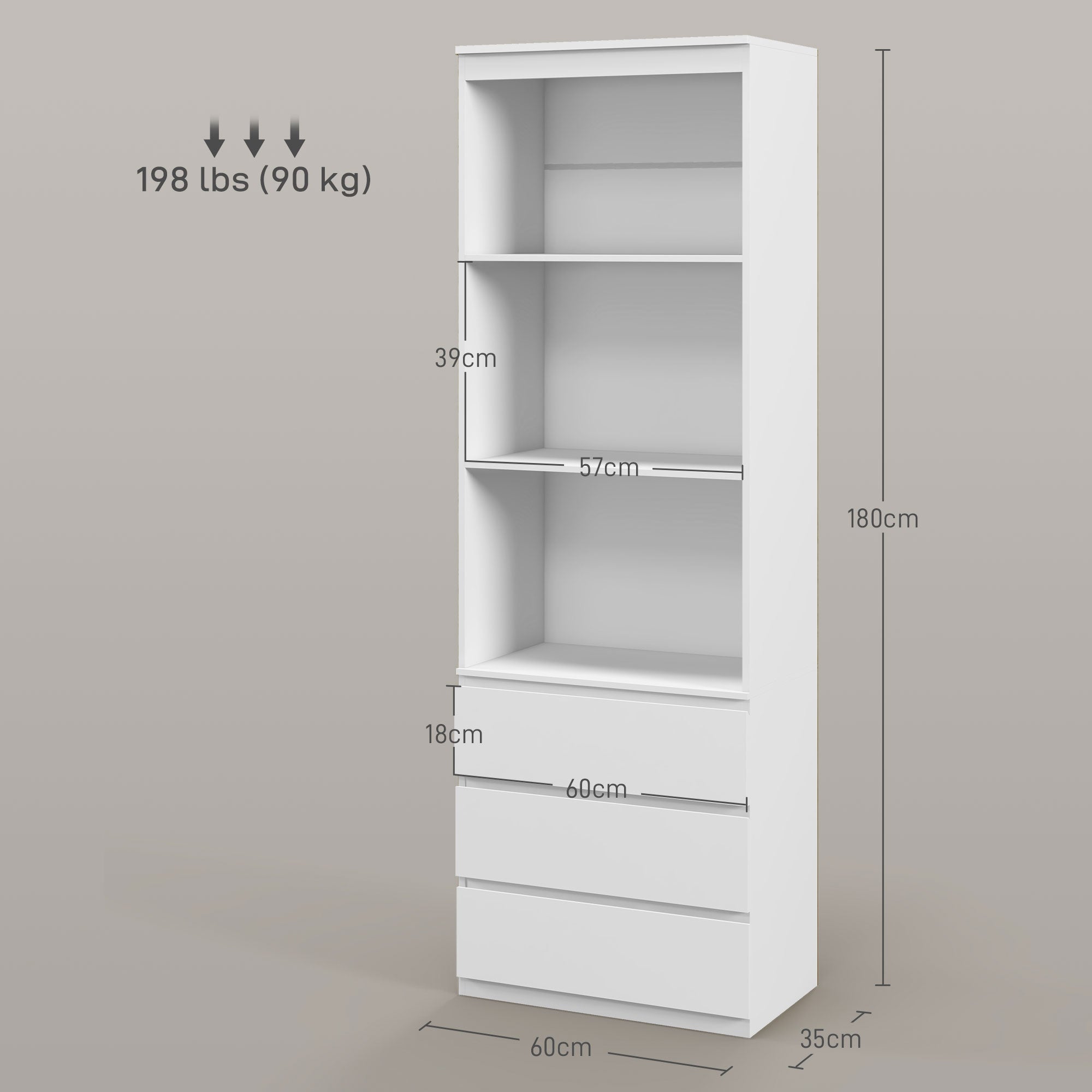 180cm Tall Bookcase, with Shelves and Drawers - White