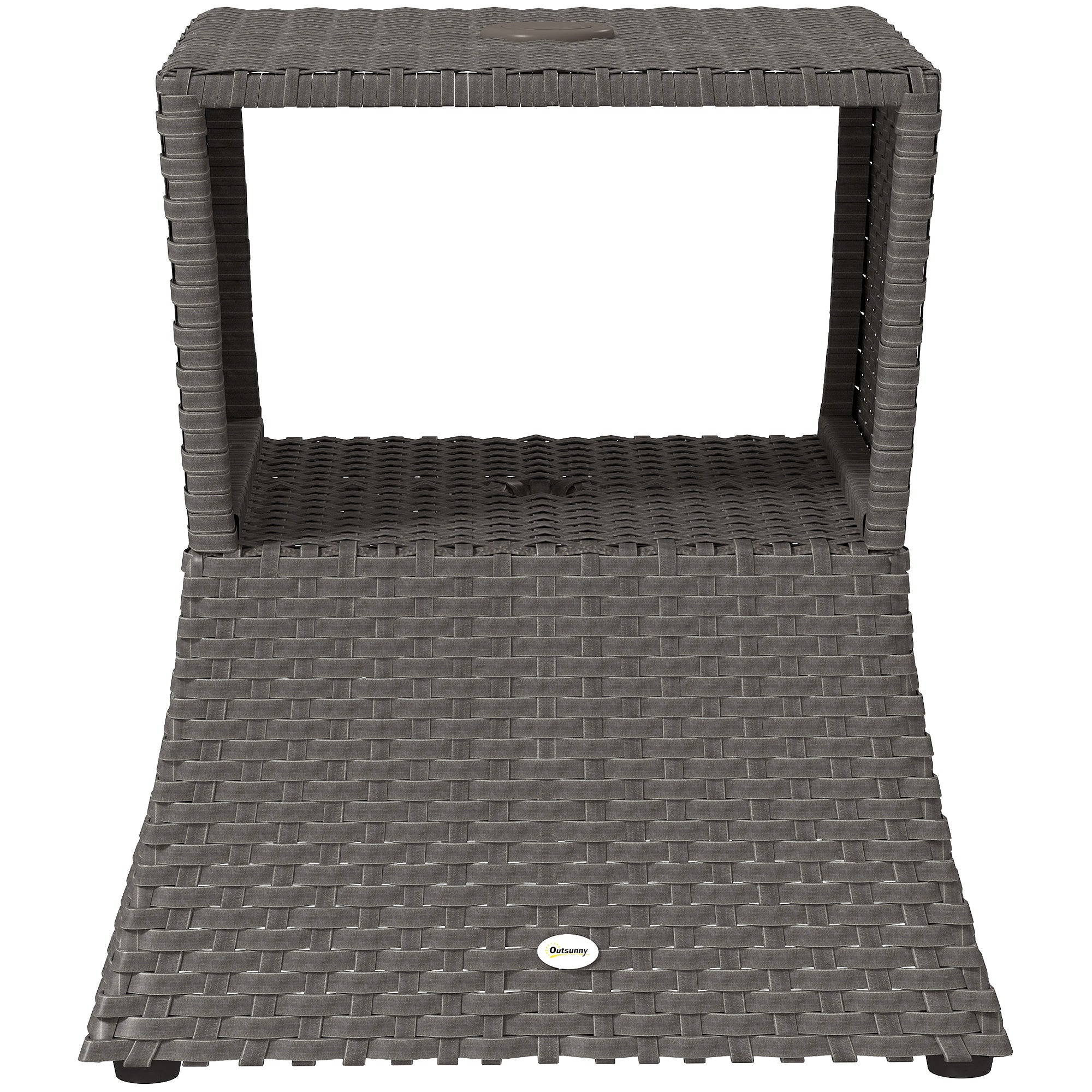 Rattan Outdoor Coffee Table, Wicker Garden Patio Bistro Side Table with Umbrella Hole and Storage Space, Dark Grey