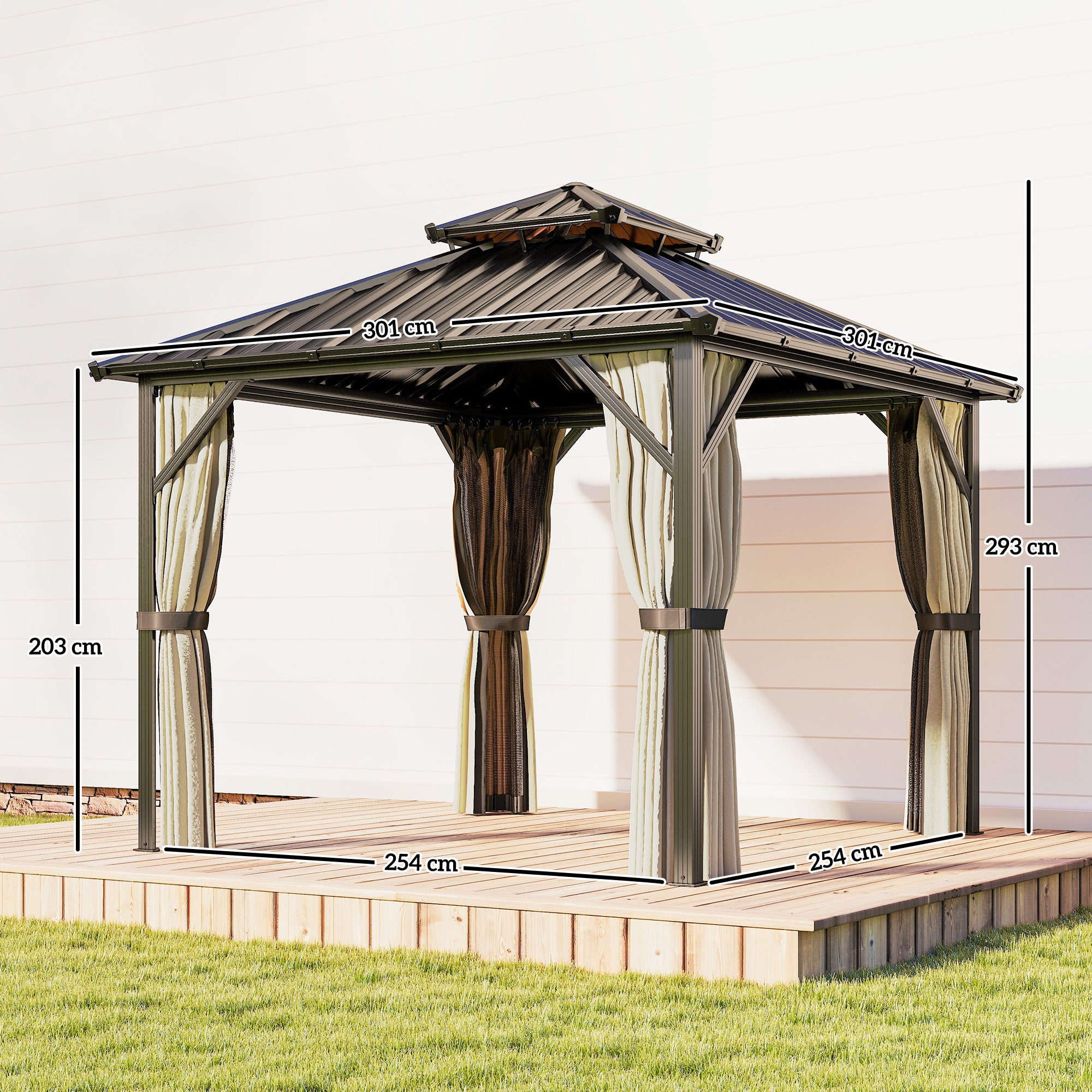 3x3 m Hardtop Gazebo Canopy with UPF50+ Double Galvanised Steel Roof, Aluminium Garden Gazebo Permanent Pavilion, Brown