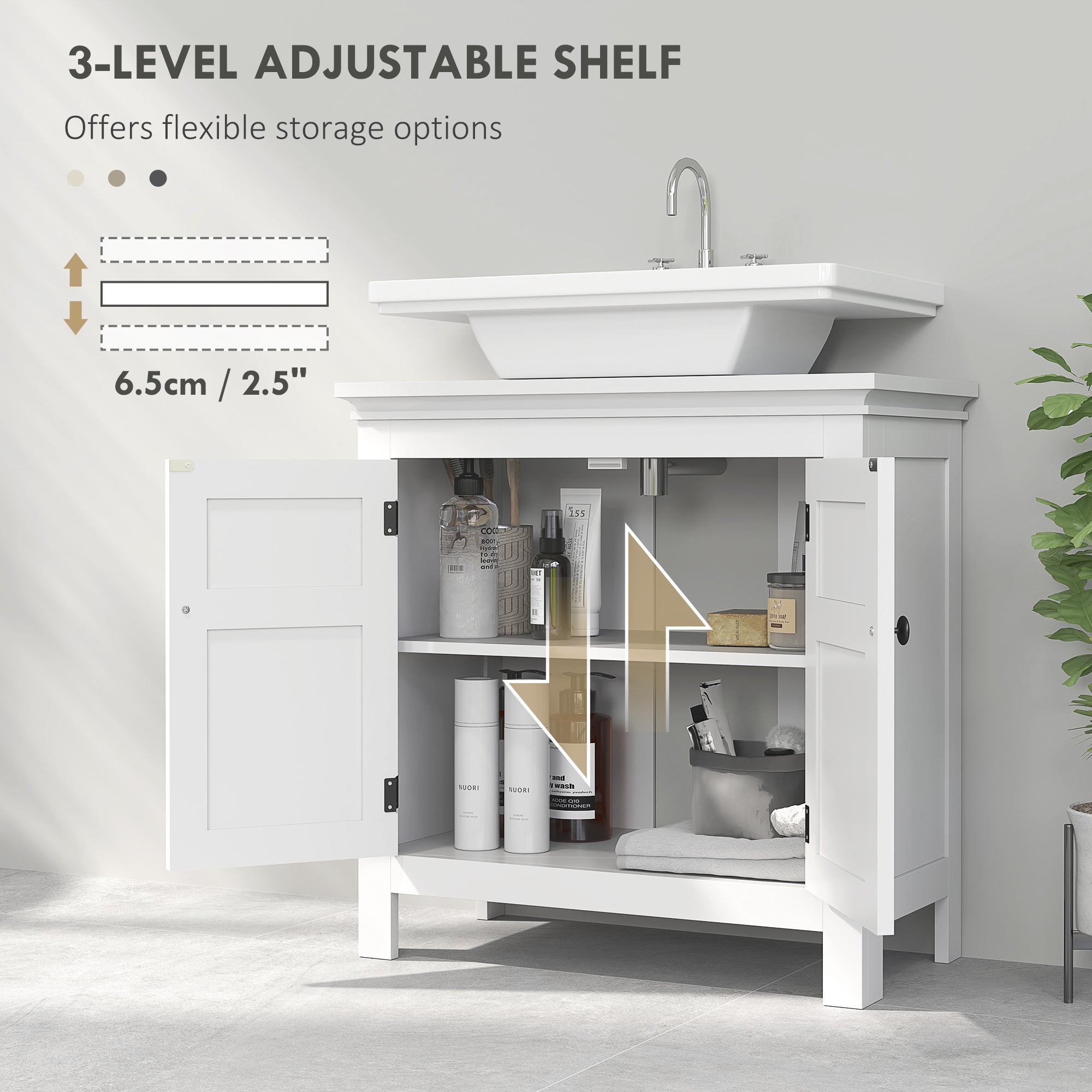 Under Sink Bathroom Cabinet, Freestanding Bathroom Sink Cabinet with Adjustable Shelf for Wall-Mounted Sinks, 60 x 30 x 60cm, White
